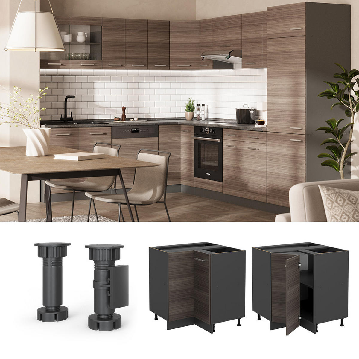 ECKUNTERSCHRANK R-Line Edelgrau 75.6 cm , AP Anthrazit - Anthrazit/Braun, Holzwerkstoff (75.6/81.6/60cm) - Vicco