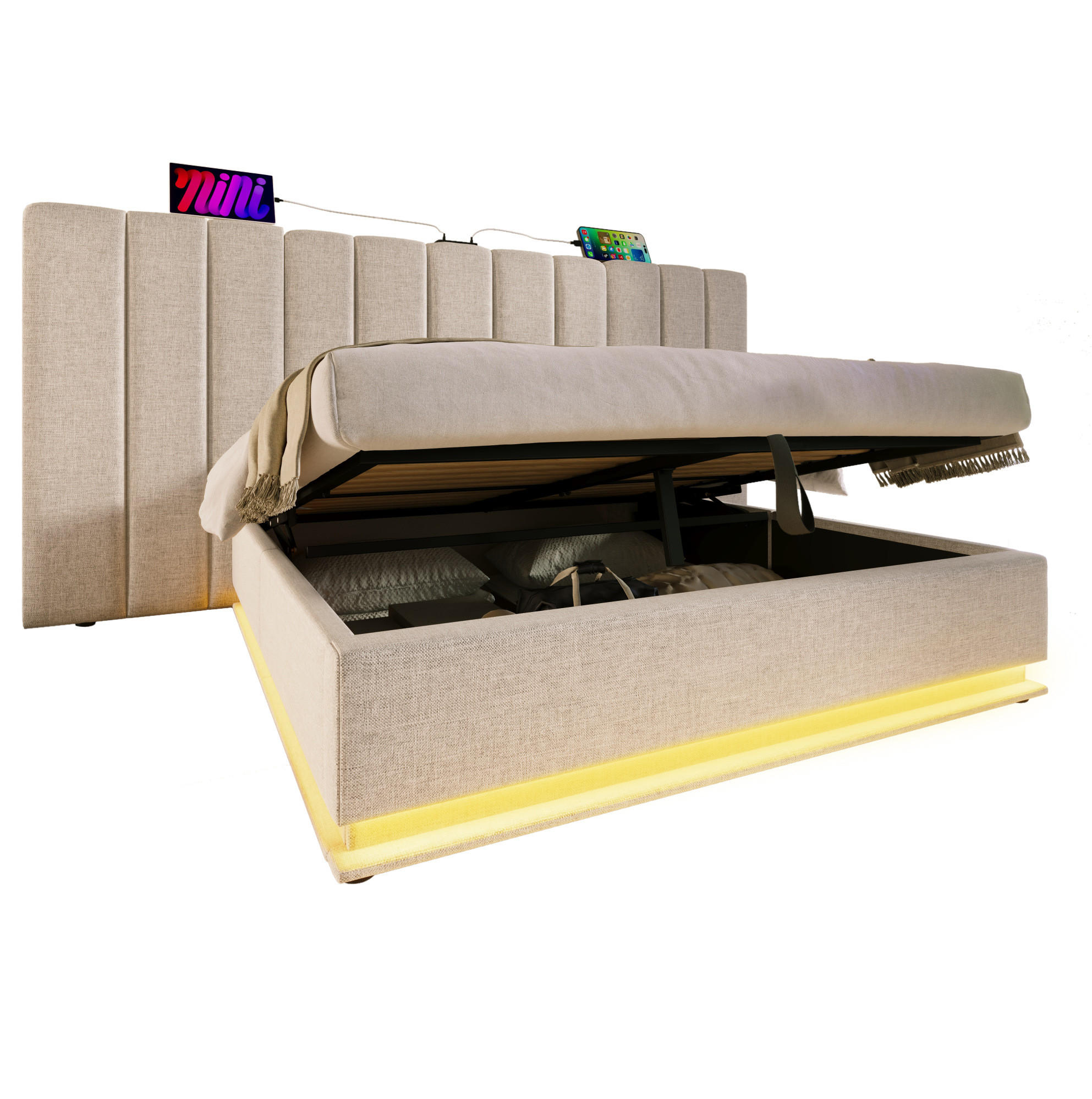 POLSTERBETT 160/200 cm Beige Stauraumbett mit LED-Beleuchtung und USB-C-Ladefunktion - Beige, Textil (160/200cm) - OKWISH