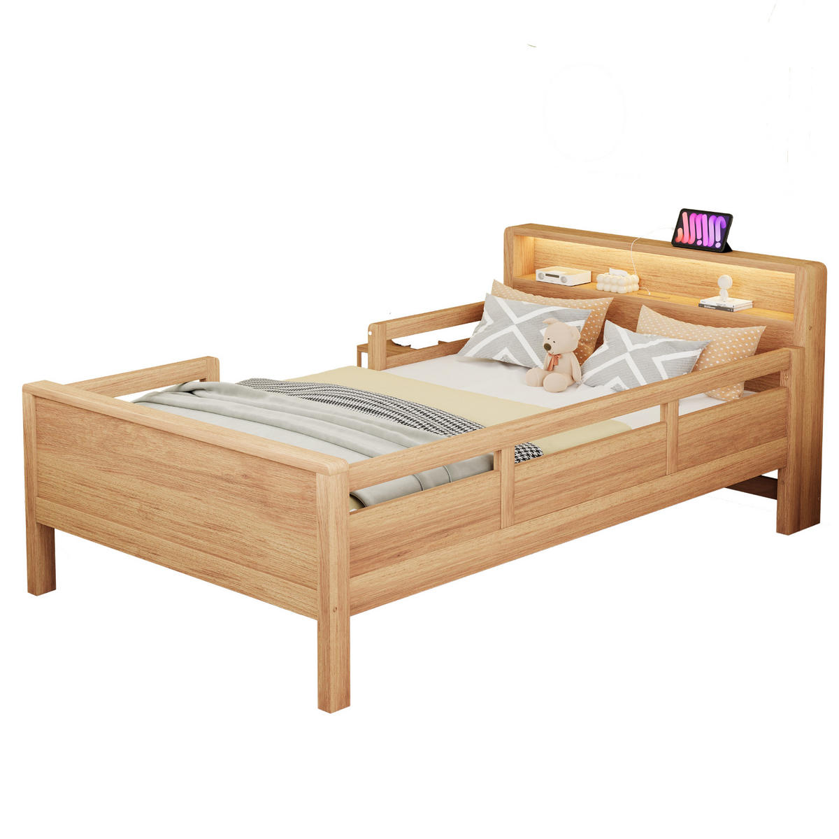 KINDEREINZELBETTEN aus Kiefernholz 90x200 cm in Natur mit LED & Ladeanschluss - Naturfarben, Holzwerkstoff (90/200cm) - Modfu