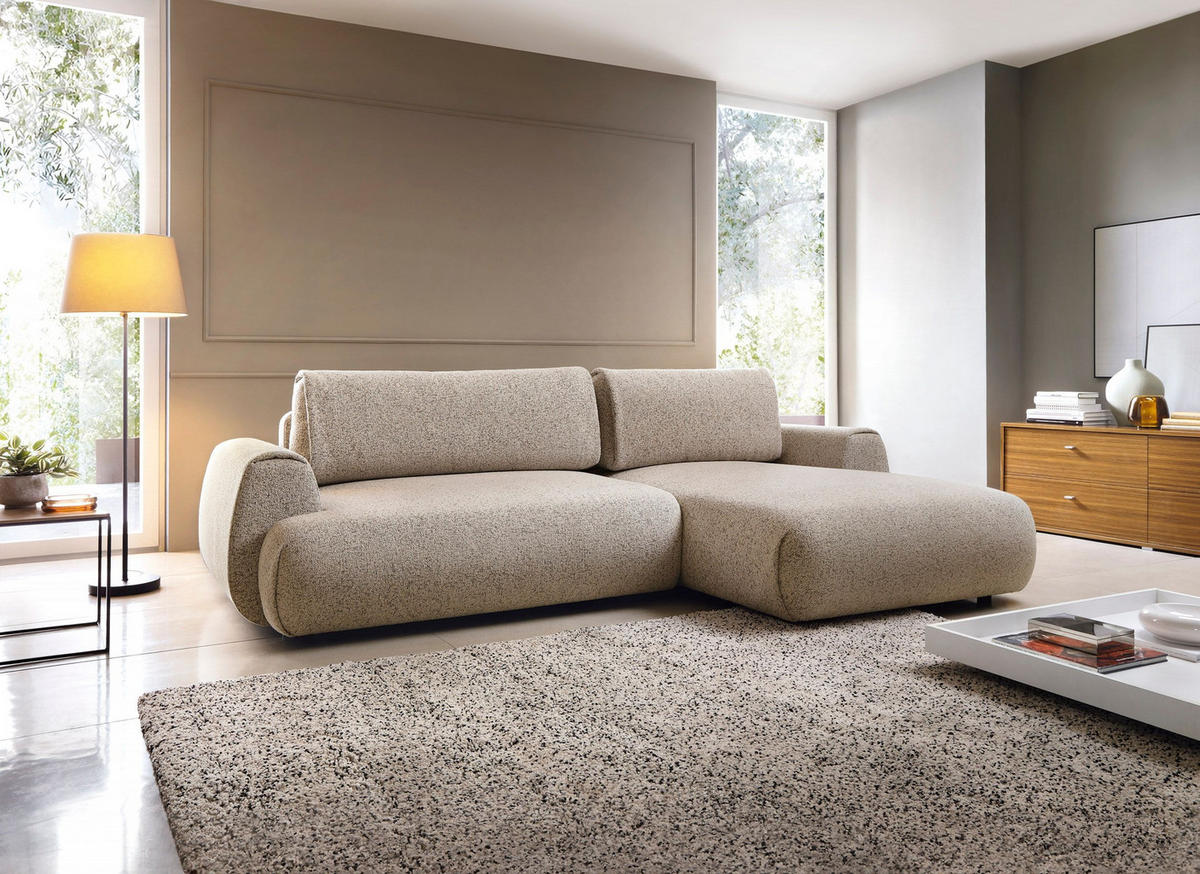 ECKSOFA ZEST Beige Geflochtener Stoff mit Schlaffunktion - Beige, Holz (270/167cm) - MASSENO