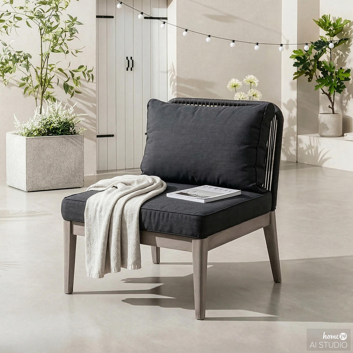 LOUNGESESSEL - Webstoff / Akazie massiv - Anthrazit / Grau - Anthrazit/Braun, Holz/Textil (62/78/74cm) - home24