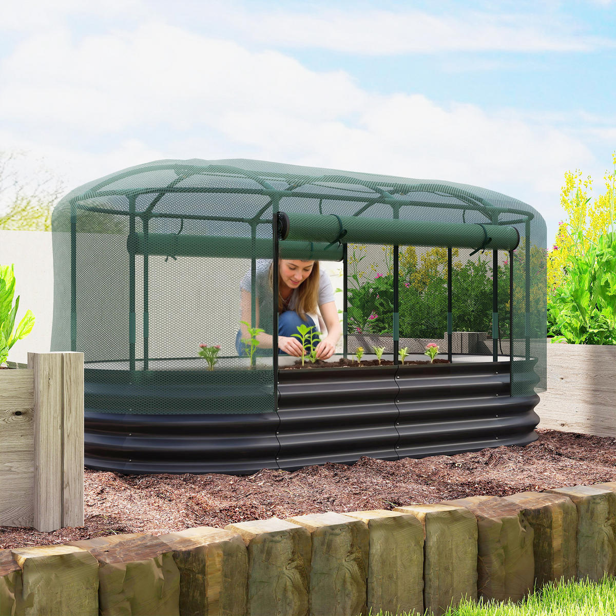 HOCHBEET DE-12281 mit Schutzgitter 180/90/93 cm Grau - Dunkelgrau, Metall (180/93/90cm) - ComfortXL