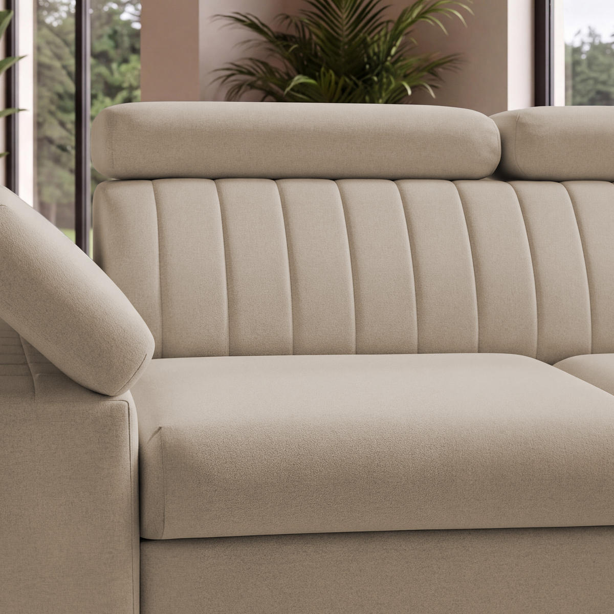 ECKSOFA FELIX L Rechts mit Schlaffunktion Velours Beige - Beige/Schwarz, Holz/Textil (176/257cm) - Muffo