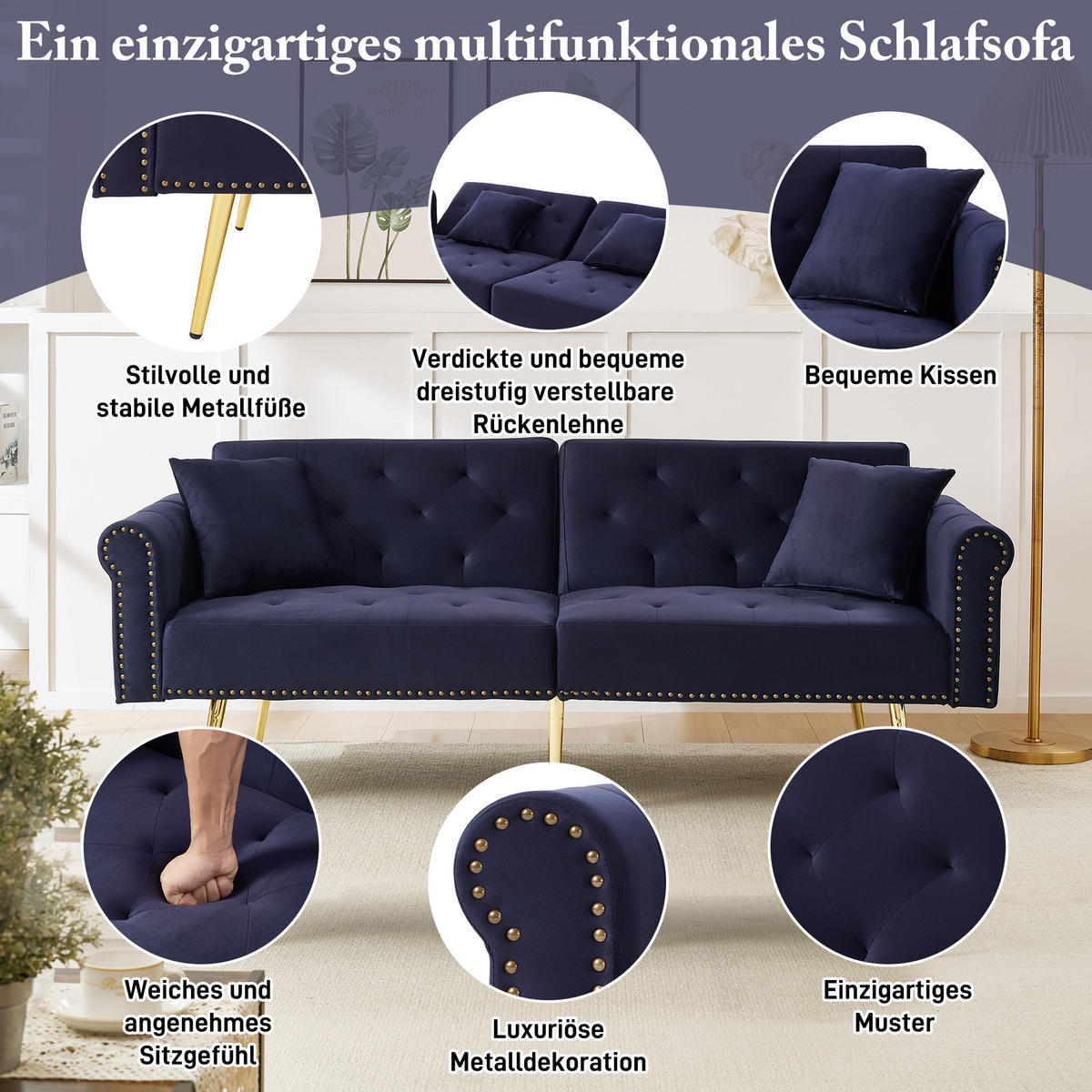 SCHLAFSOFA 2-Sitzer Samt mit 3-stufig verstellbarer Rückenlehne Antikblau 173/75/70 cm - Blau, Textil (70/173/75cm) - Redom