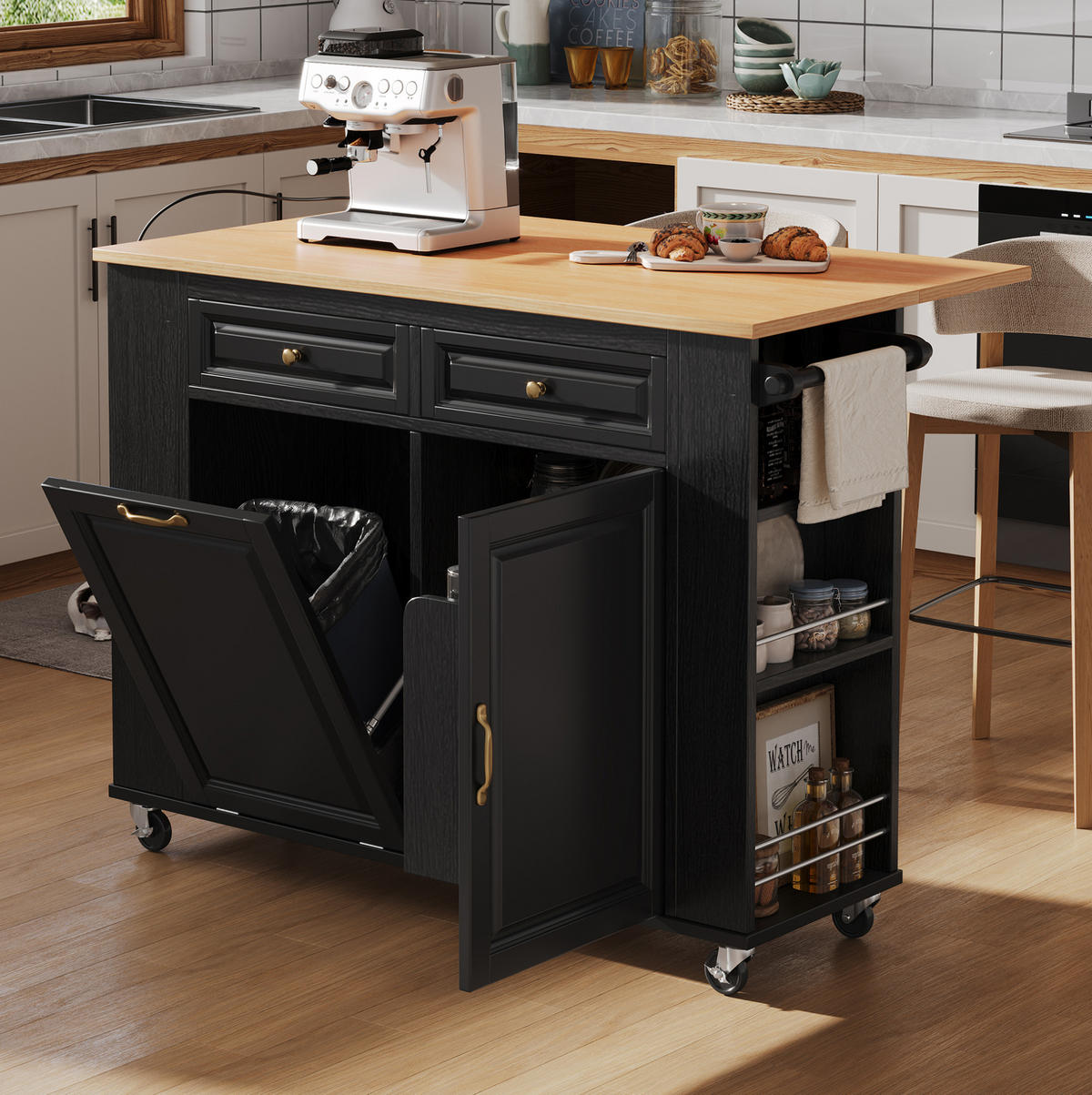 KÜCHENINSEL 120/92/40-70 cm Schwarz/Natur aus MDF mit Rollen und Ausziehtisch - Schwarz, Holzwerkstoff (70/92/120cm) - OKMYHOME