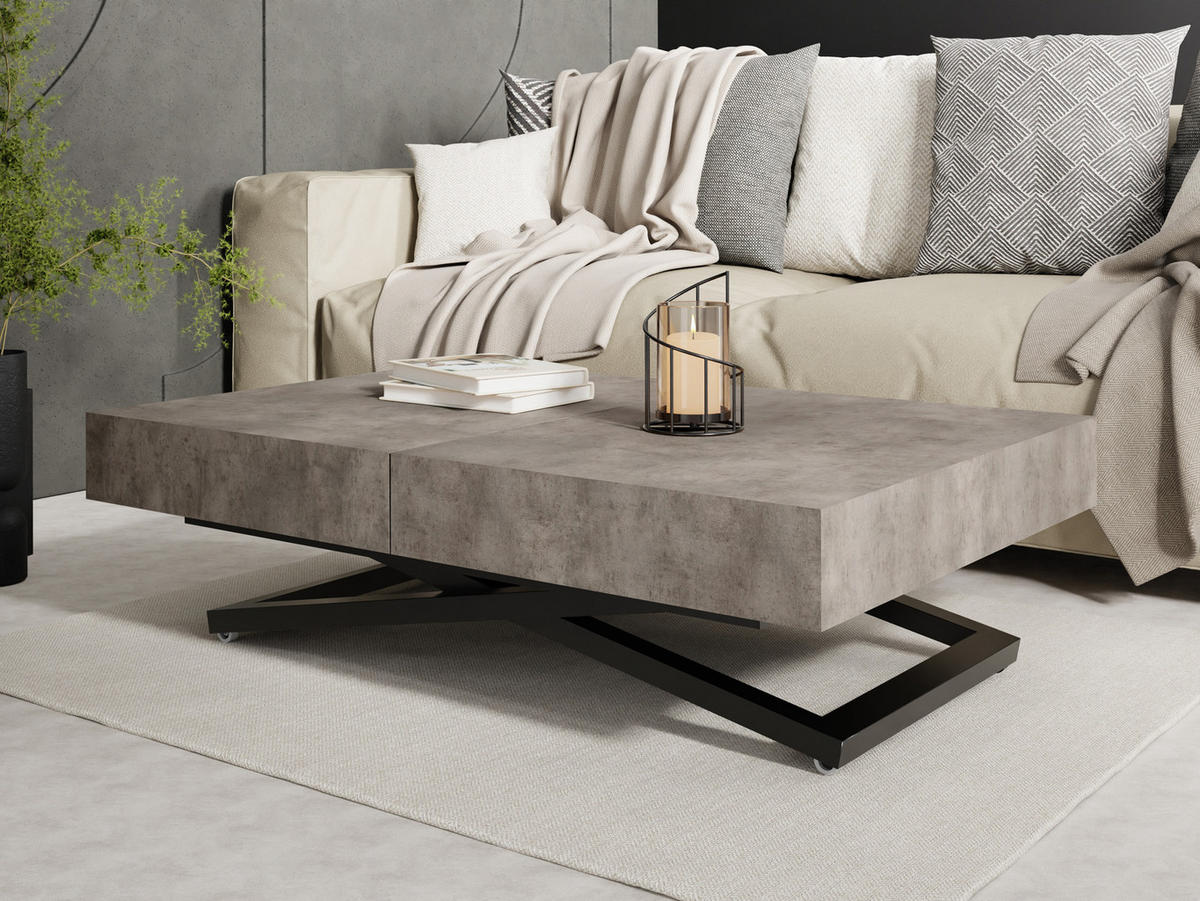 COUCHTISCH Cavetta X höhenverstellbar ausziehbar, Dunkelgrauer Chicago Beton 120-200/80/27-76 cm - Dunkelgrau/Schwarz, Holzwerkstoff/Metall (80/120/76cm) - WFL GROUP