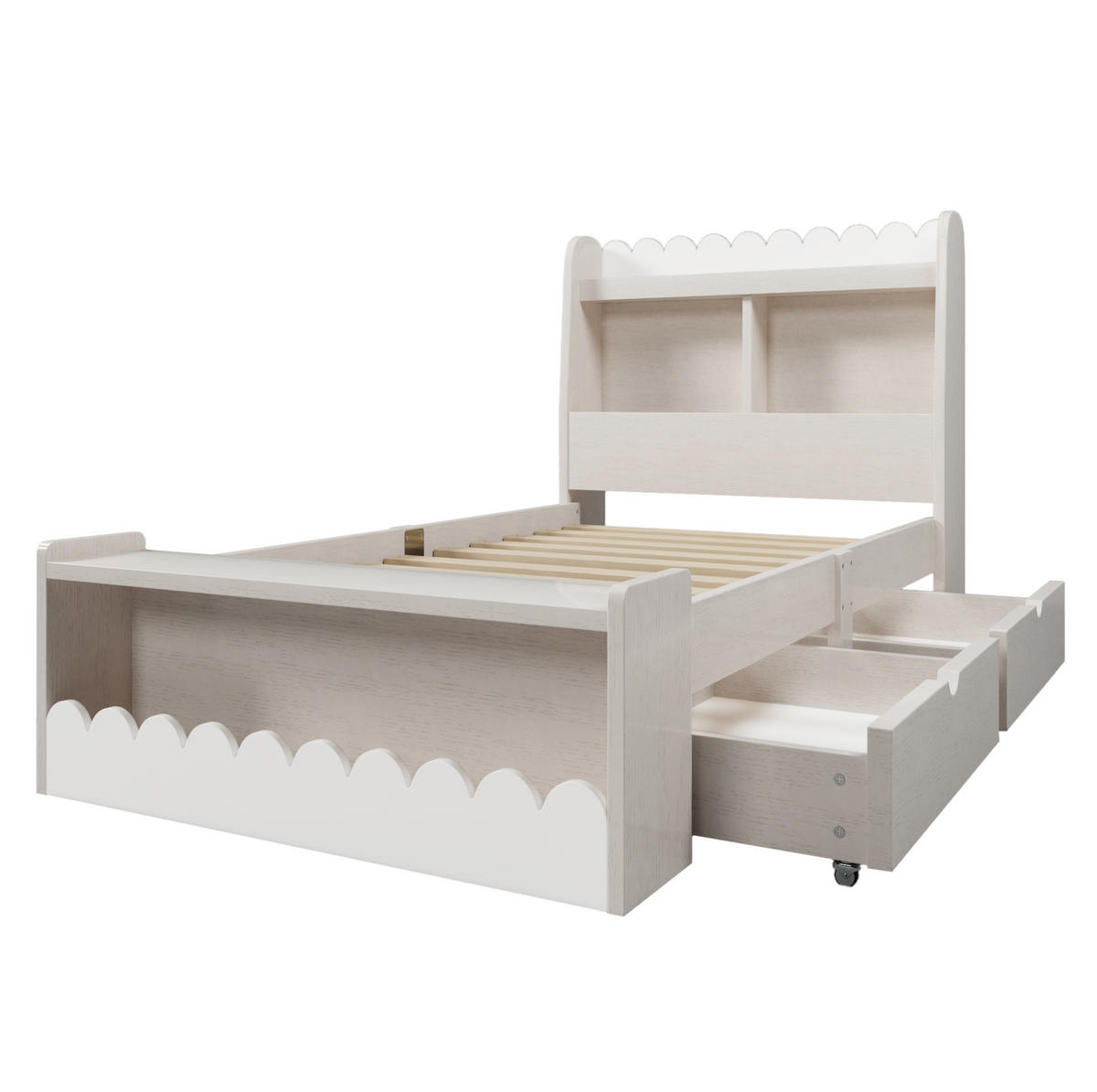 KINDERBETT 90/200 cm aus Massivholz und MDF mit Schubladen, Regal und Sitzbank Weiß/Eichefarben - Weiß, Holzwerkstoff (90/200cm) - Modenvie