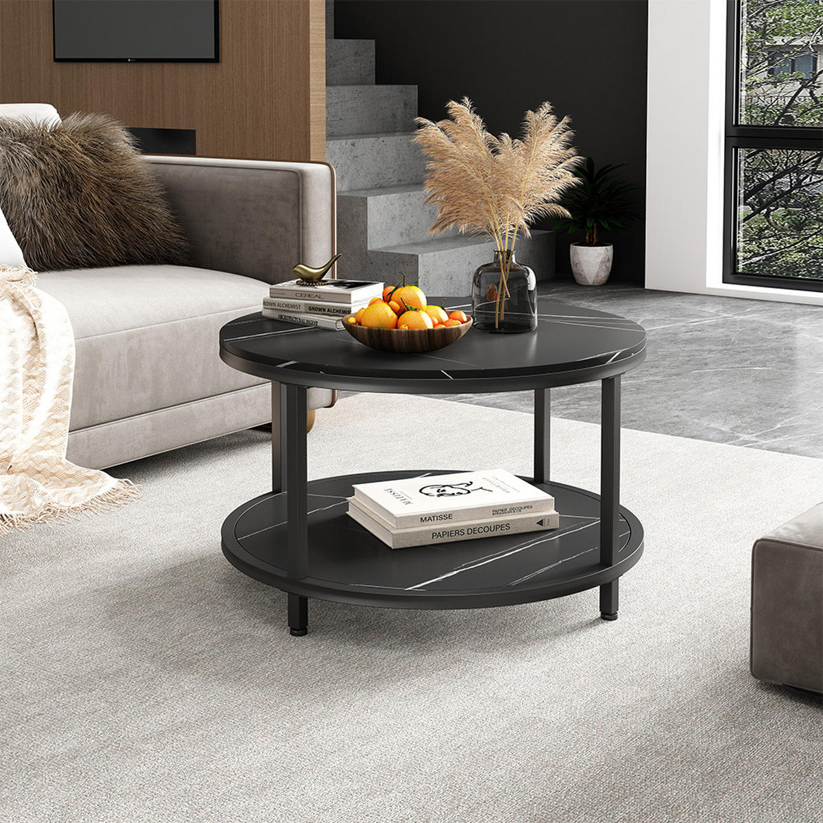 COUCHTISCH Ontario Marmor 80 x 80 cm Rund - Schwarz, Holzwerkstoff (80/80/46cm) - Vicco