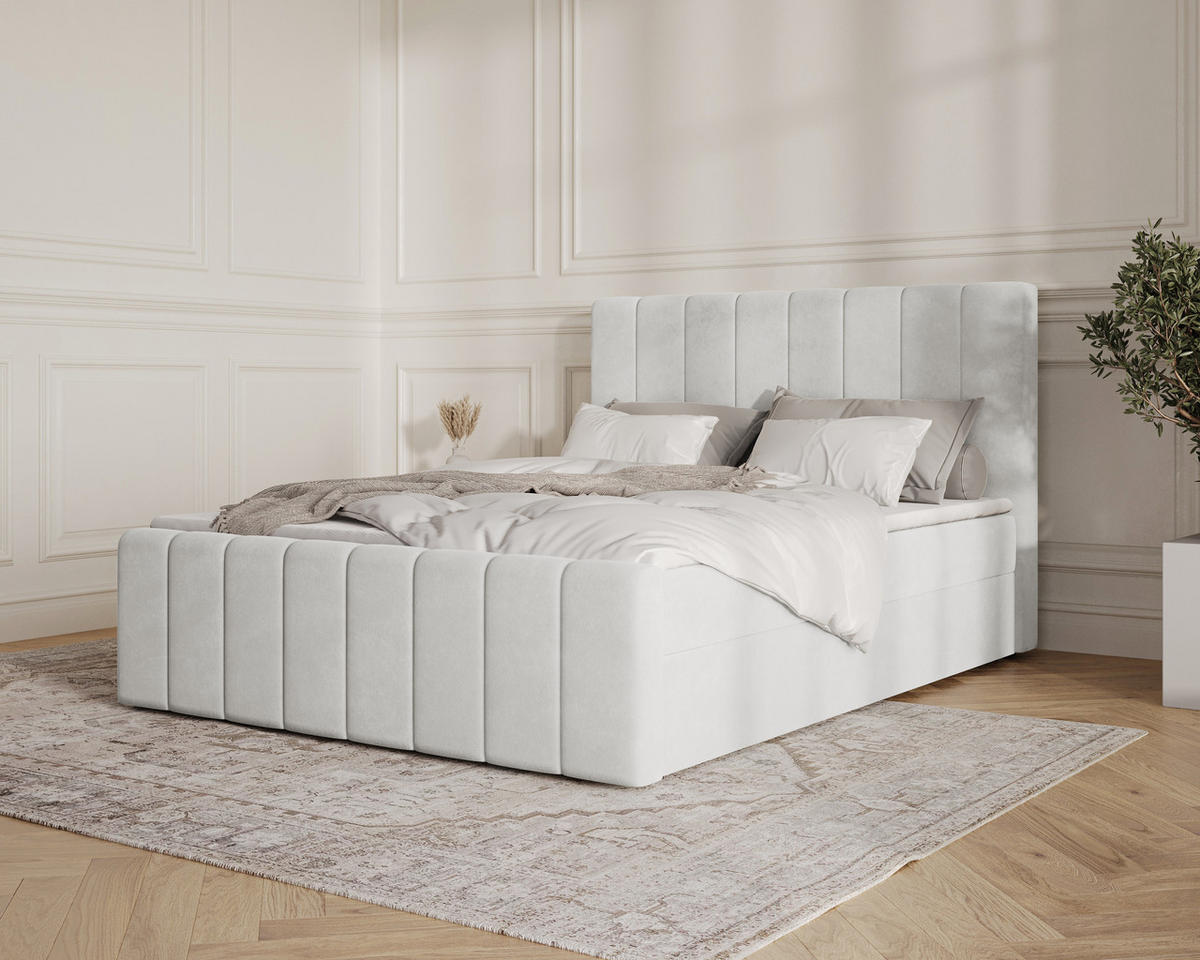 BOXBETT 01 BIS 140 x 200 cm - Manila - Modernes Polsterbett mit Bettkasten inkl. PU-Schaum-Topper und Federmechanismus - Silberfarben, Holz (140/200cm) - ROYAL24_MARKT