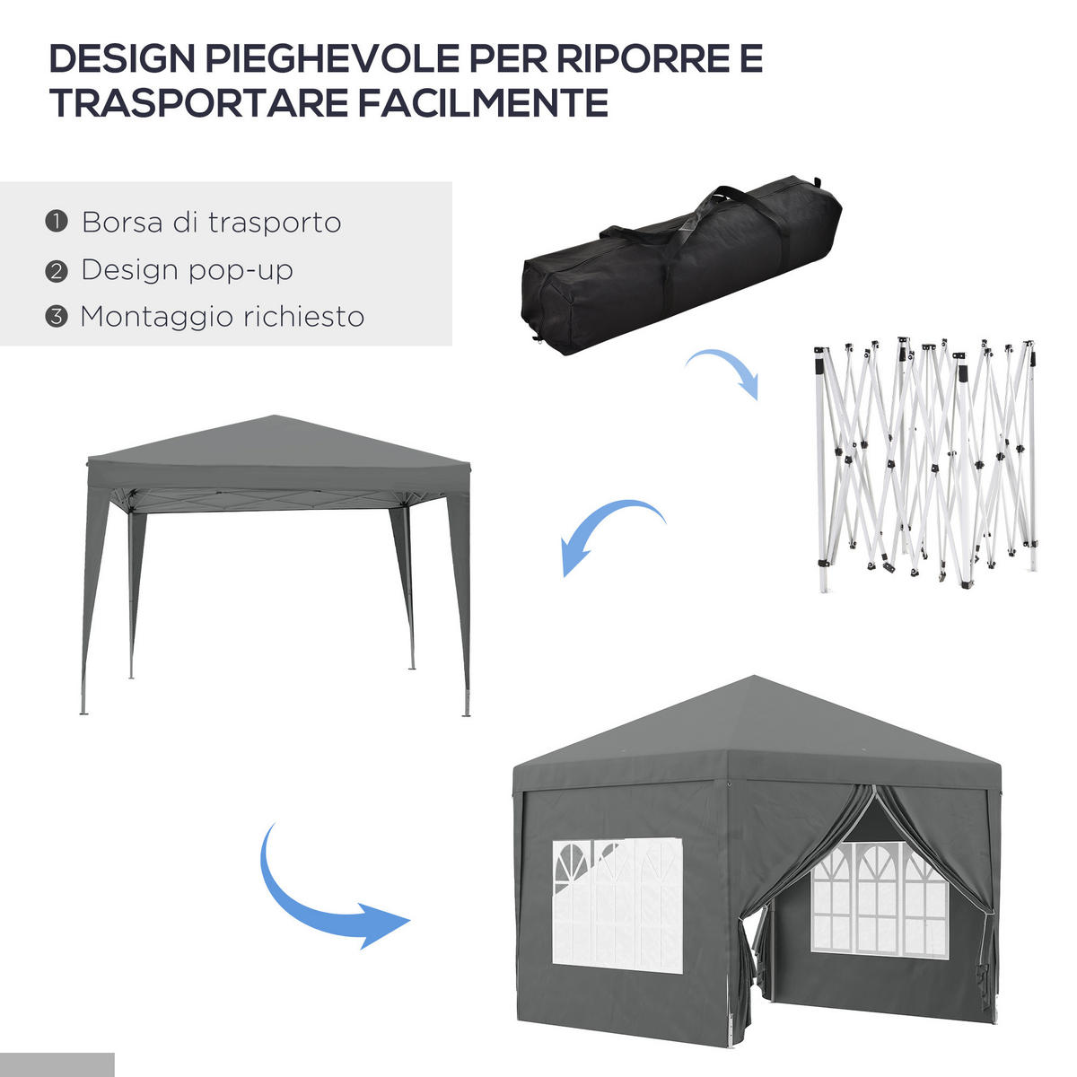 PAVILLON (3 x 3 m) mit 4 Seitenwänden,Faltbarer - Grau, Metall (295/258/295cm) - Vallsero