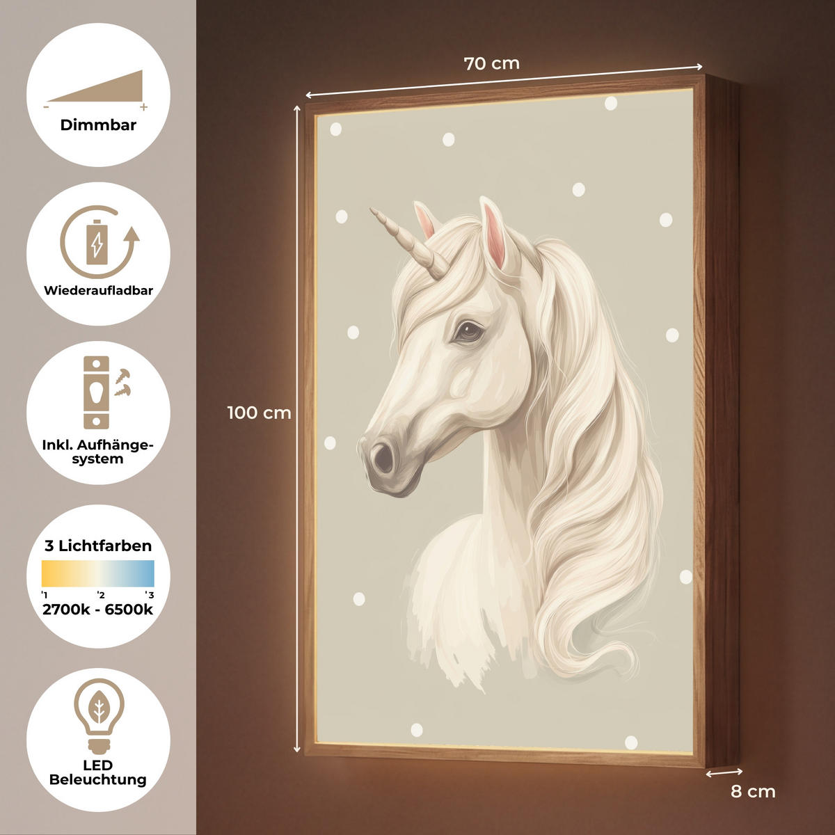 NÁSTĚNNÁ LAMPA S AKUMULÁTOREM Jednorožec - bílý - tečky 70x100 cm - šedohnědá, kompozitní dřevo (70/100/8cm) - OnlyWow