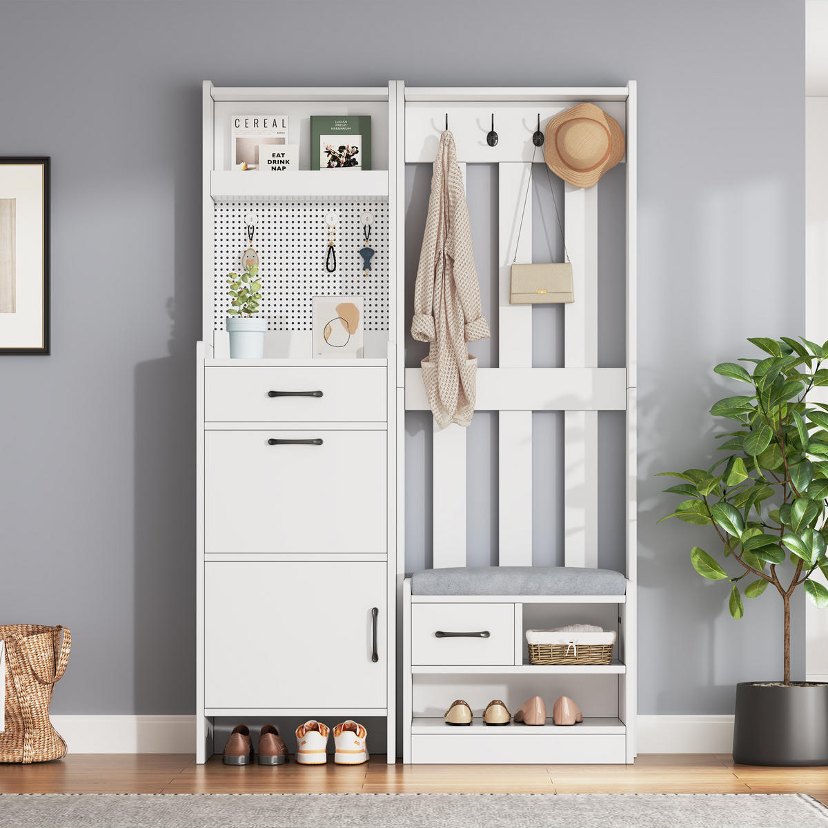KLEIDERSCHRANK in Weiß Garderobenständer mit Schuhbank, 7 Haken, Lochwand und 2 Schubladen für Flur, B110/T35/H175,5 cm - Weiß, Holzwerkstoff (110/175.5/35cm) - STILVORA