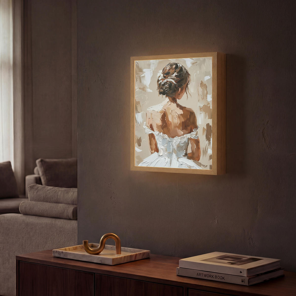 NÁSTĚNNÁ LAMPA S AKUMULÁTOREM Žena - malba - abstraktní - béžová - moderní 30x40 cm - světle hnědá, kompozitní dřevo (30/40/8cm) - OnlyWow