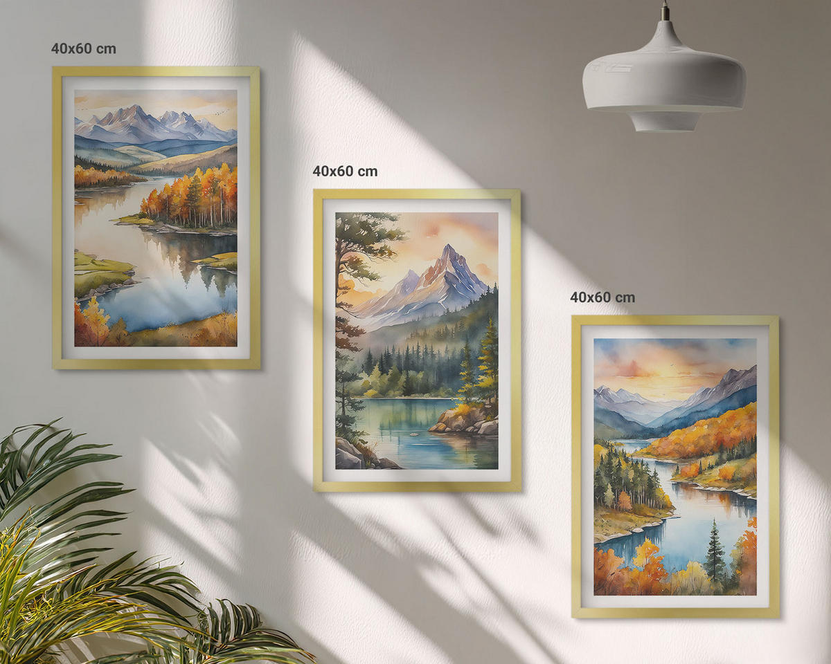 BILDER SET 3er Set - 40x60 cm Goldrahmen - Berglandschaften mit einem Fluss - Goldfarben, Kunststoff (40/60cm) - TULUP