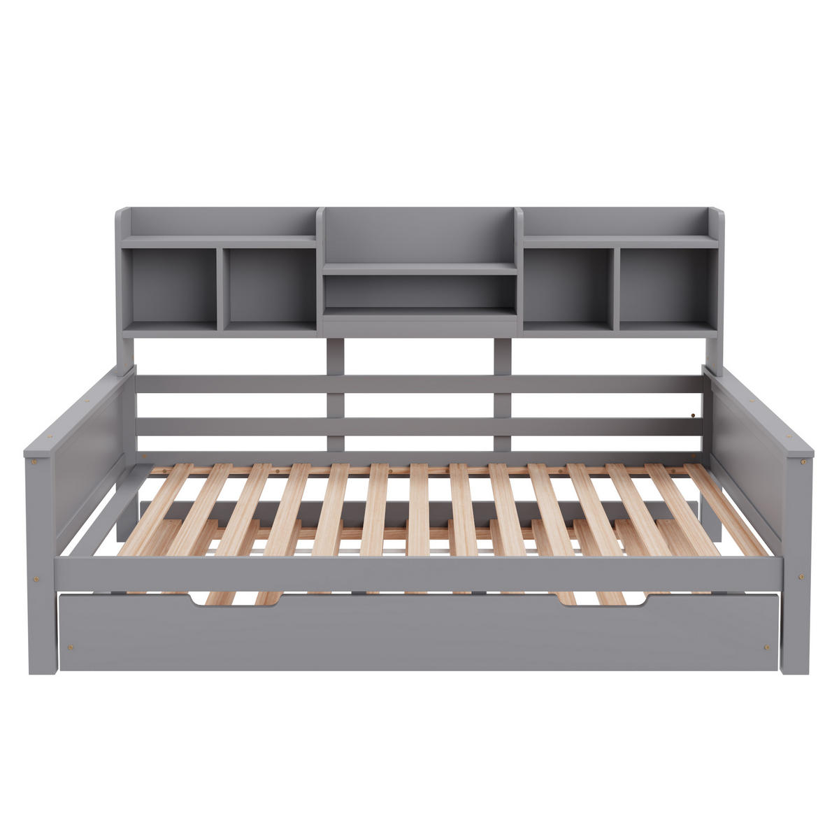 BETT mit integriertem Regal und Ausziehfunktion Kiefernholz Grau 90/200 cm - Grau, Holz (90/200cm) - OKWISH