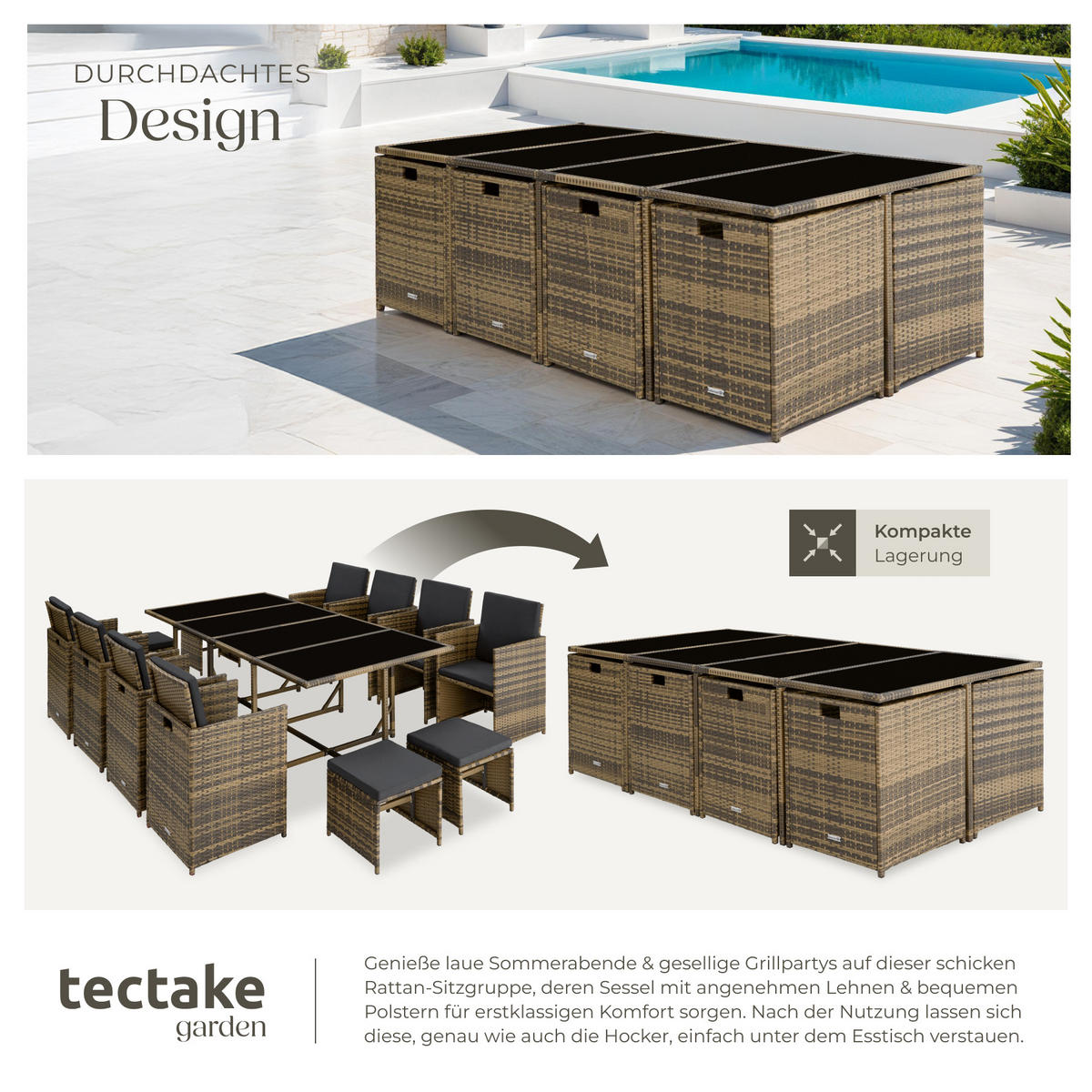 RATTAN SITZGRUPPE Palma,zusammenschiebbar, inklusive Schutzhülle,natur/dunkelgrau - Dunkelgrau/Naturfarben, Kunststoff - tectake