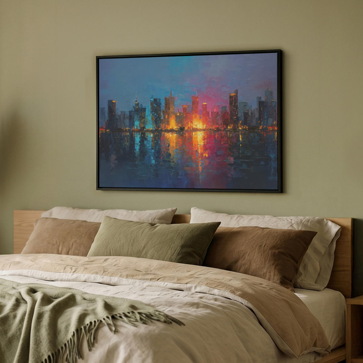 LEINWAND Bilder mit Rahmen - Skyline - Pinselstriche - Dunkelblau - Leuchtend - 70x50 - Blau, Textil (70/50cm) - MuchoWow