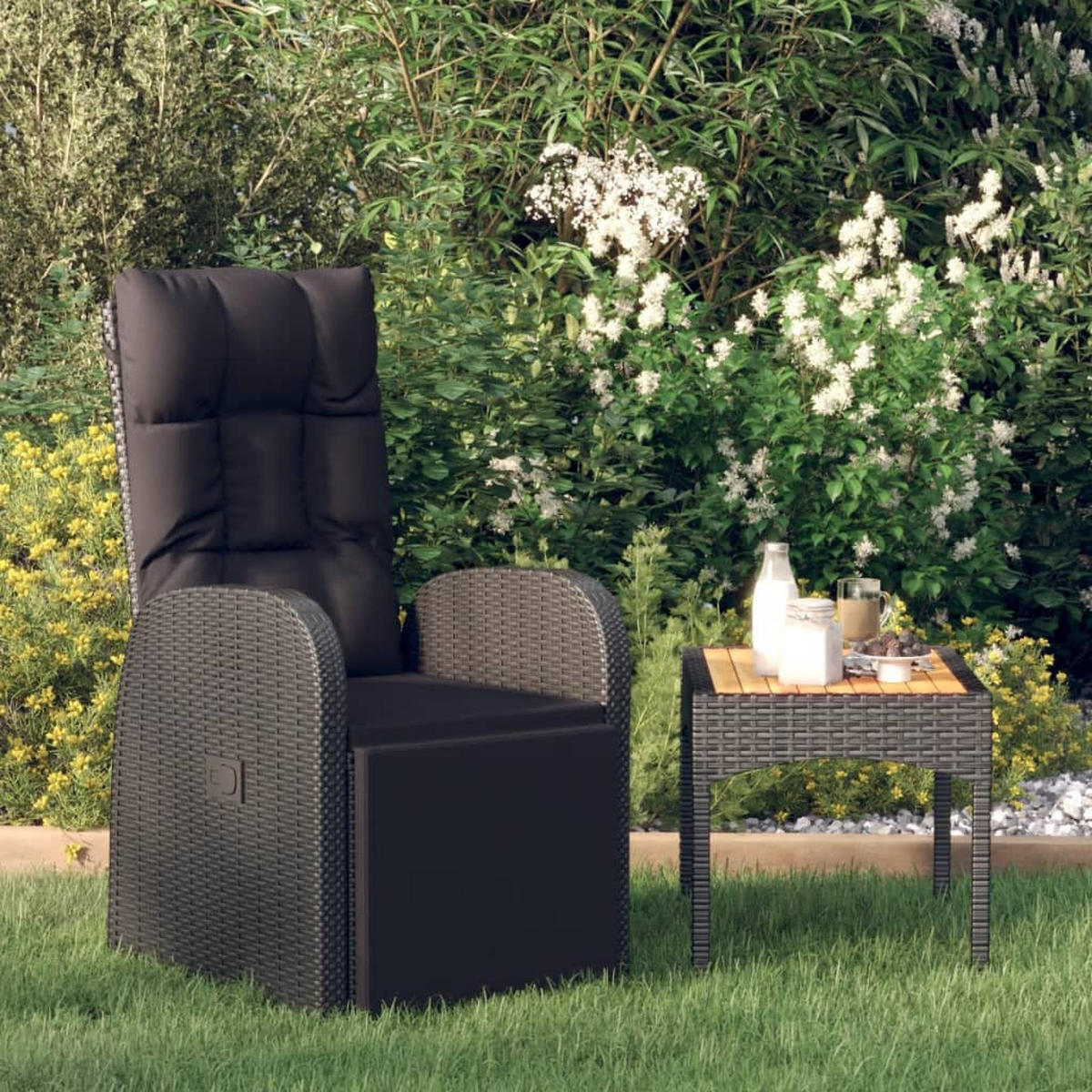 GARTEN-LIEGESTUHL Mit Auflage Poly Rattan Schwarz - Schwarz, Kunststoff/Textil (57/106/69cm) - vidaXL