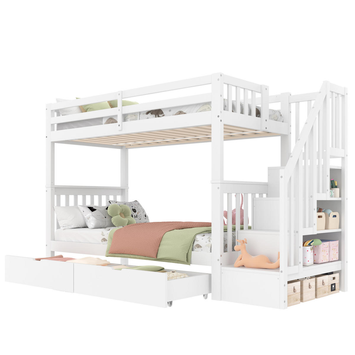 ETAGENBETT aus Kiefernholz und MDF 90x200 cm Weiß mit Stauraumtreppe und 2 Schubladen - Weiß, Holzwerkstoff (90/200cm) - IVMEU