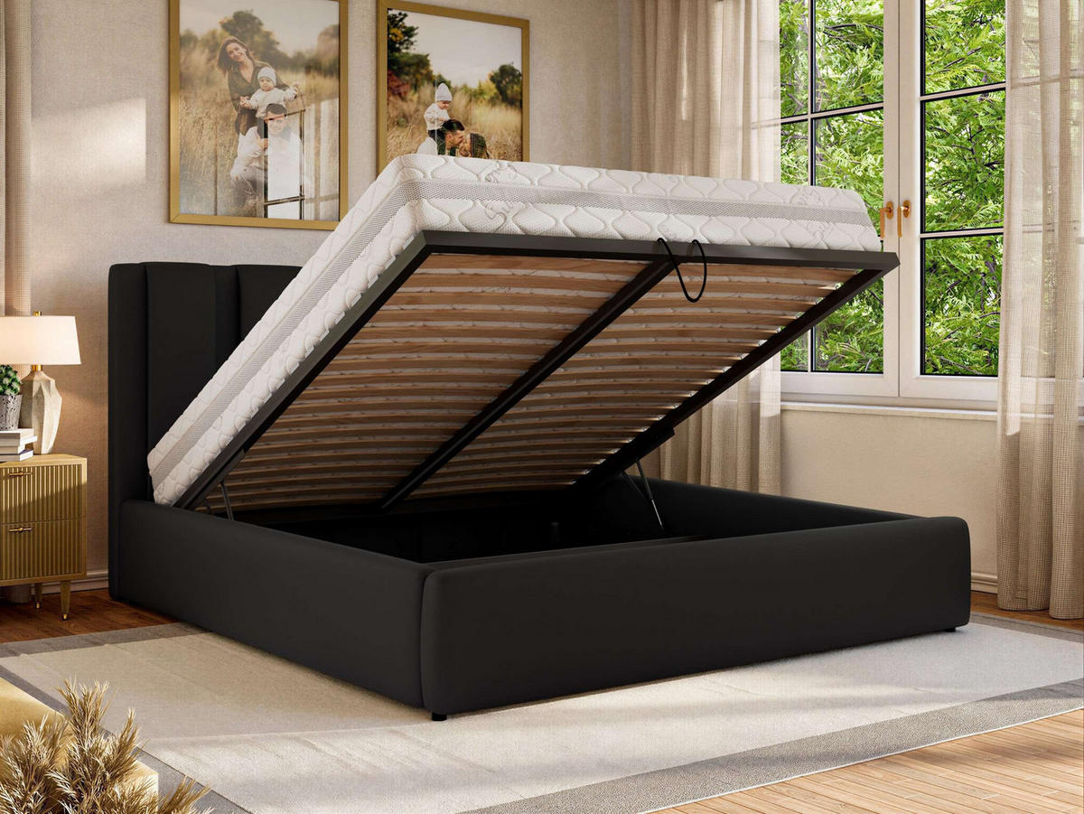 POLSTERBETT SAVINO CLASSIC 160/200 - Schwarz Kunstleder - Pocket-Matratze - Schwarz, Textil (160/200cm) - MKS