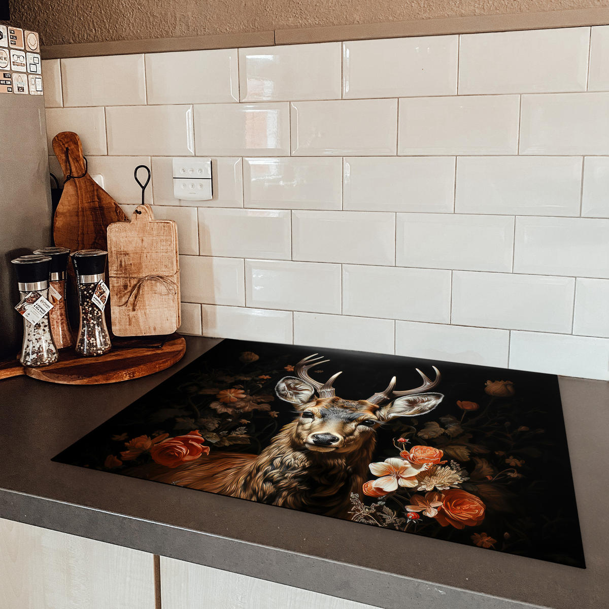 HERDABDECKPLATTE Hirsch - Tier - Blumen - Natur - Botanisch 71x52 cm - Kupferfarben, Kunststoff (71/52/0.2cm) - MuchoWow