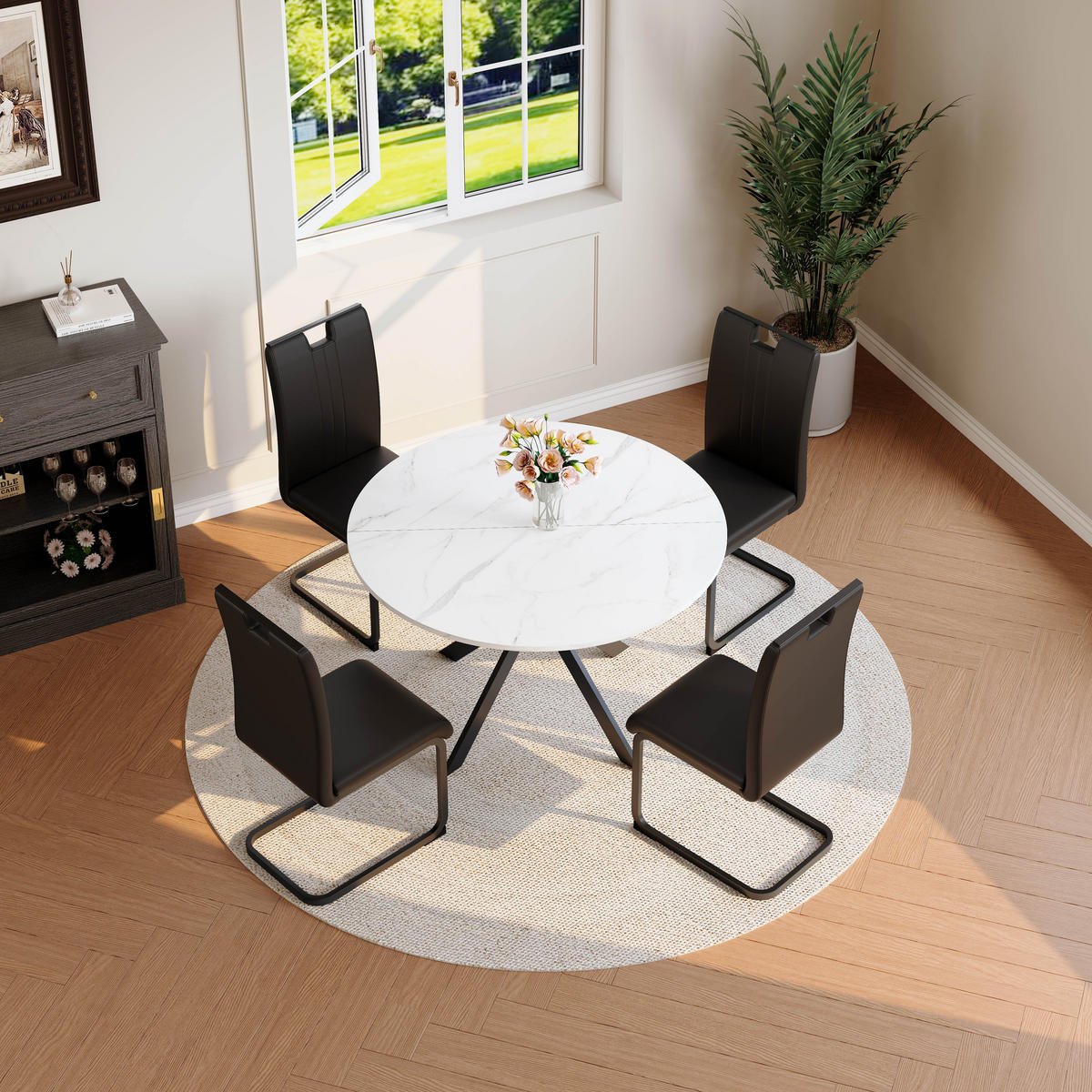 ESSGRUPPE DE-39511 5-teilig, runder Marmortisch Schwarz - Schwarz, Holzwerkstoff (110/75/110cm) - ComfortXL