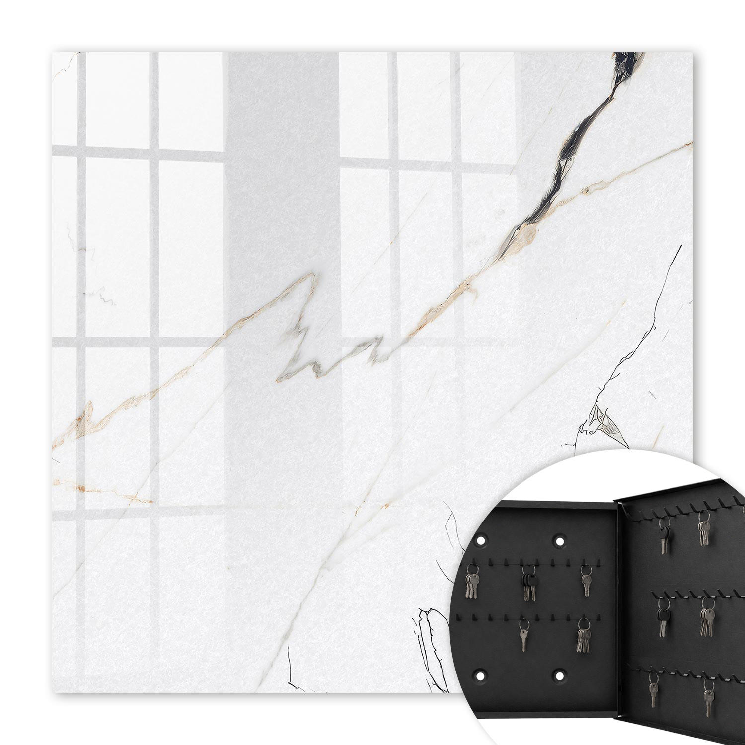 SCHLÜSSELBOX Schwarz 30x30 cm- Türöffnung nach rechts - Eleganter Marmor - Weiß, Metall (30/30/5cm) - TULUP