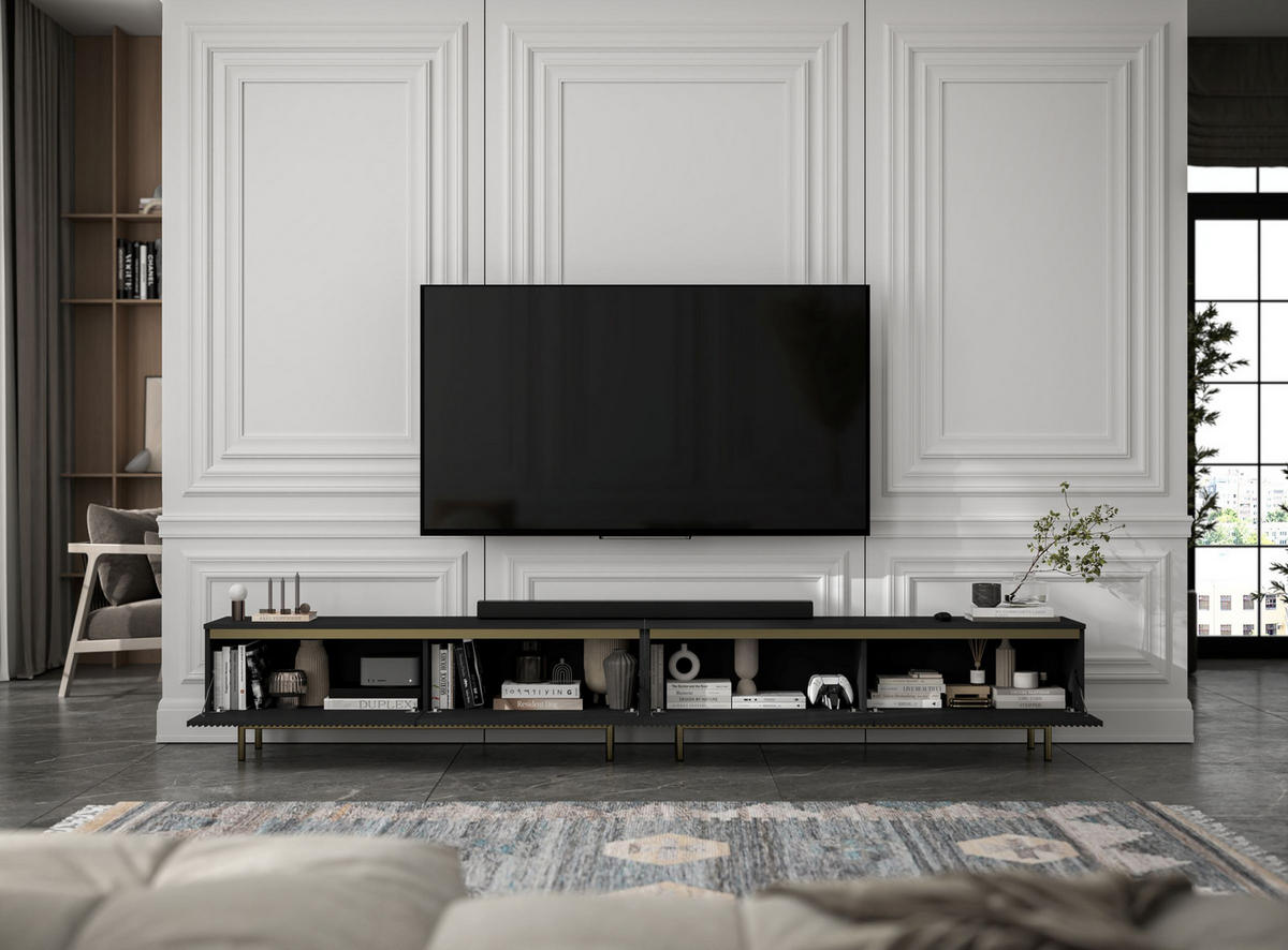 TV-LOWBOARD 2-er Set Selene Schwarz Matt mit goldfarbenem Metallrahmen 140 cm - Goldfarben/Schwarz, Holzwerkstoff/Metall (280/44/35cm) - Meble Lindner