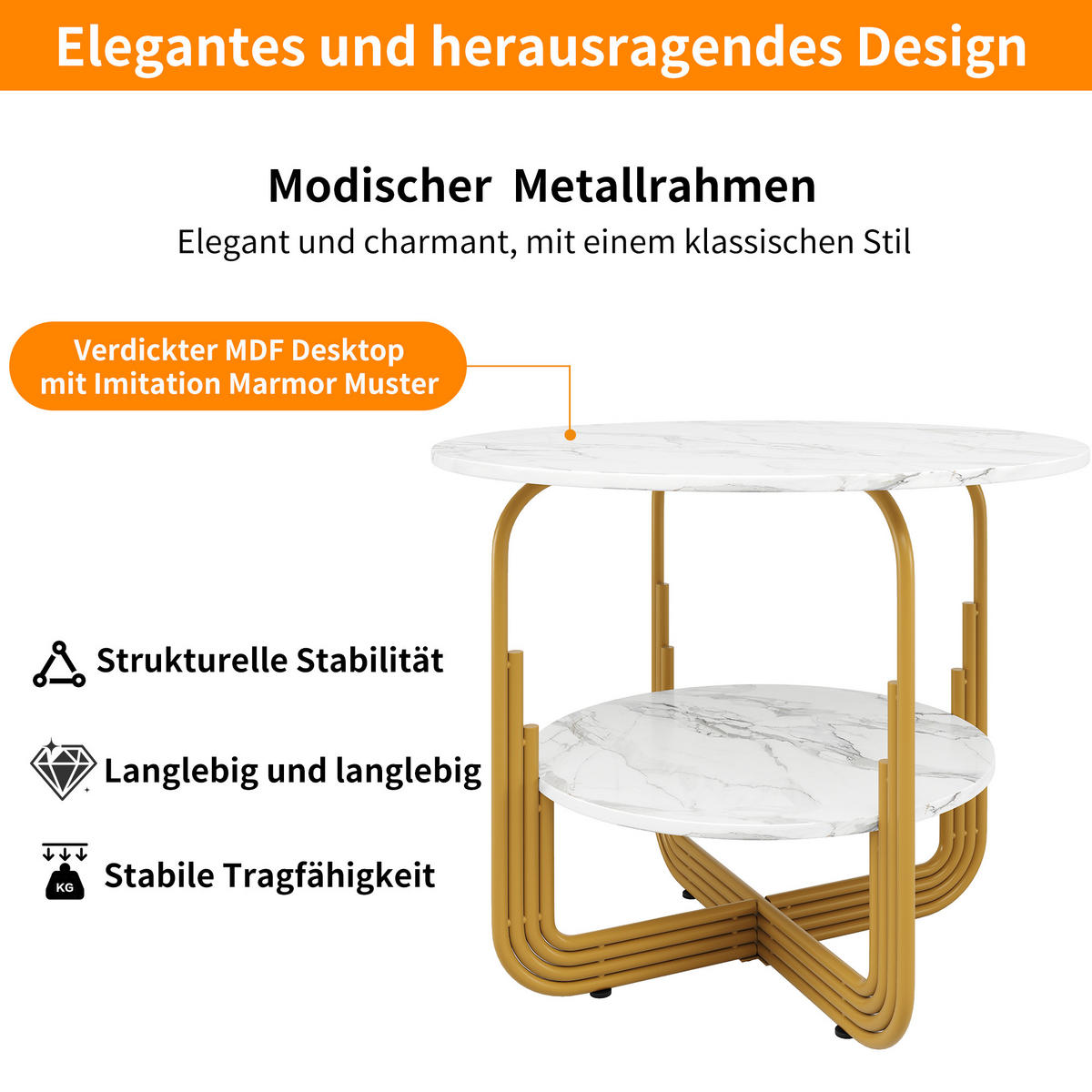 ESSTISCH rund 80/80/76 cm Gold MDF in Marmoroptik mit Ablage - Goldfarben, Holzwerkstoff (80/80/76cm) - OKWISH