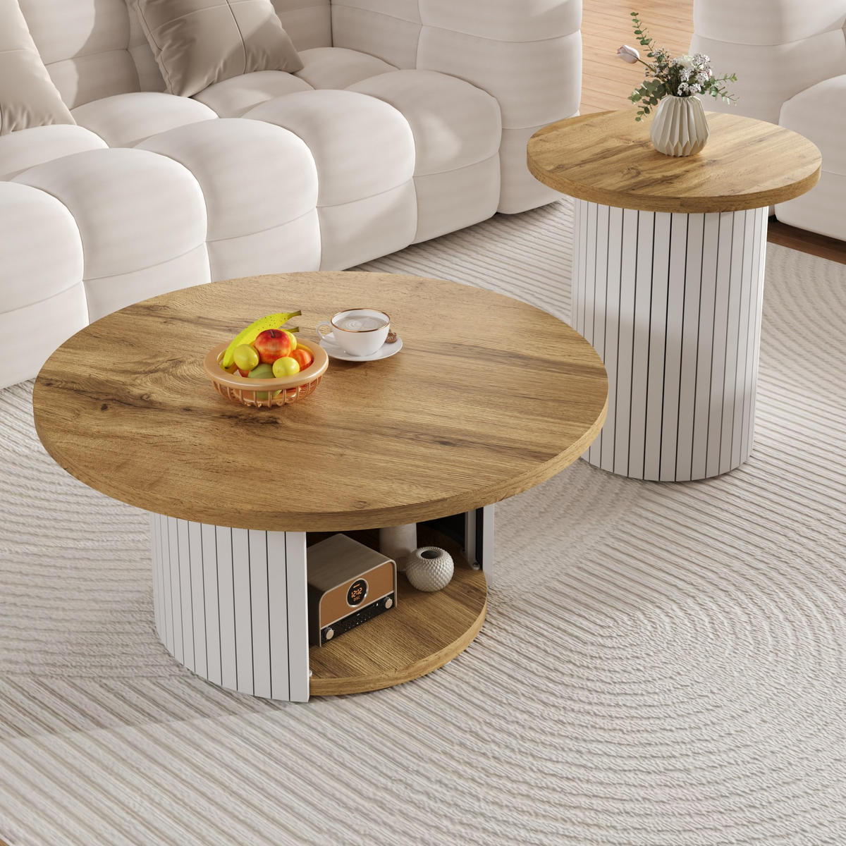 COUCHTISCH-SET 75/75/50 cm und 45/45/35 cm mit Stauraum, flexiblem Beistelltisch und MDF, Natur - Naturfarben, Holzwerkstoff (75/75/35cm) - Modfu