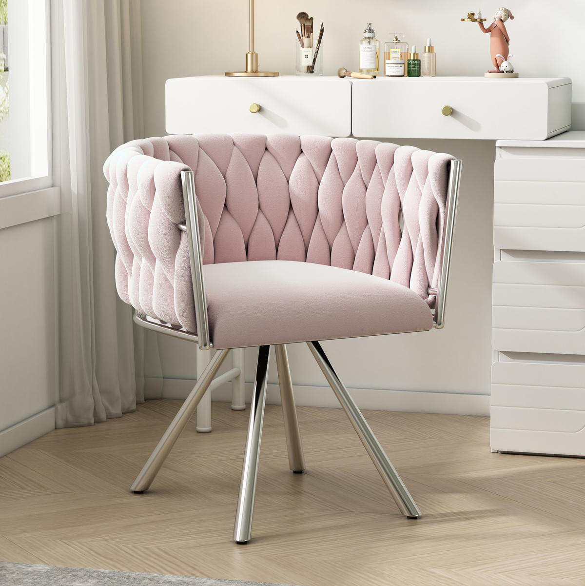 SCHMINKSTUHL drehbar Samt Pink mit Metallgestell - Pink, Metall (54/72/59cm) - Meubliv