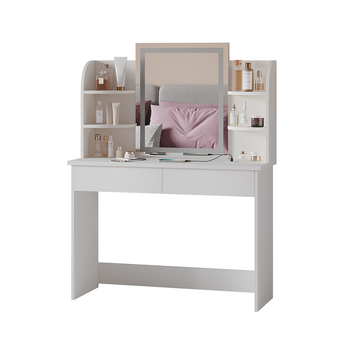 SCHMINKTISCH Charlotte Weiß 106 cm mit LED-Spiegel und QI-Ladestation - Weiß, Holzwerkstoff (106/142/40cm) - Vicco