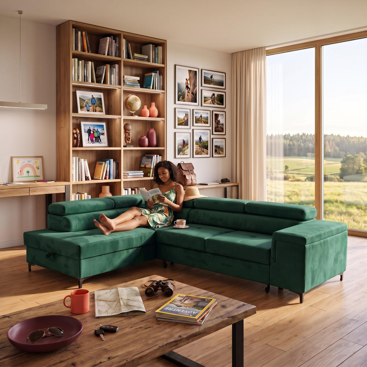 ECKSOFA WILLIAM L Links mit Schlaffunktion 127x195 Velours Grün - Silberfarben/Grün, Holz/Textil (275/203cm) - Muffo