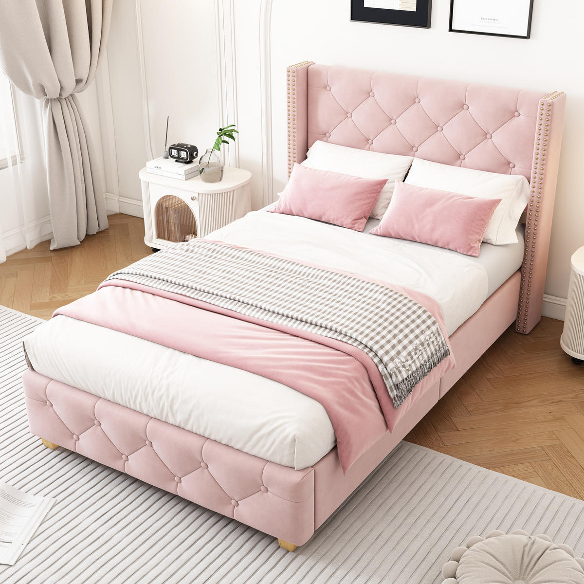 ČALOUNĚNÁ postel 90/200 cm růžová ze sametu s roštem a tuftovaným čelem - růžová, textil (90/200cm) - OKWISH