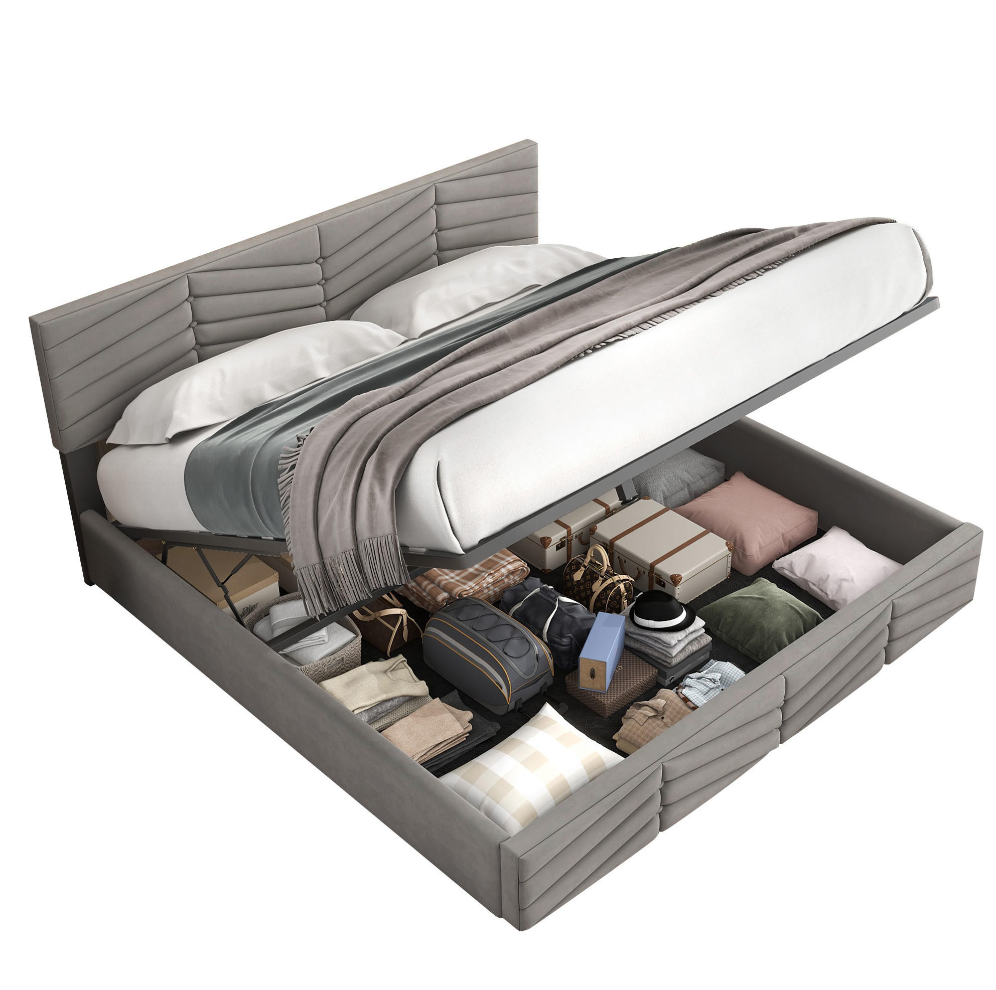 POLSTERBETT 140/190 cm Grau aus Samt mit Bettkasten - Grau, Textil (140/200cm) - OKMYHOME