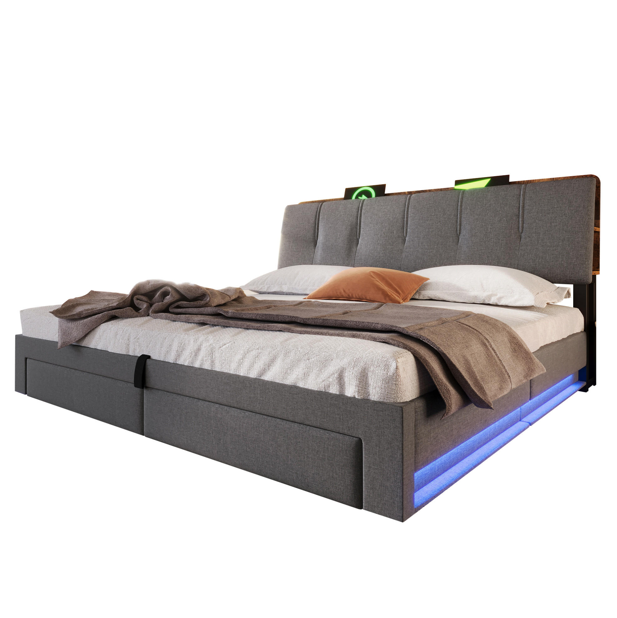 POLSTERBETT 180/200 cm Grau aus Leinen mit hydraulischem Bettkasten, USB-/Typ-C-Anschluss, LED-Beleuchtung - Grau, Textil (180/200cm) - OKMYHOME