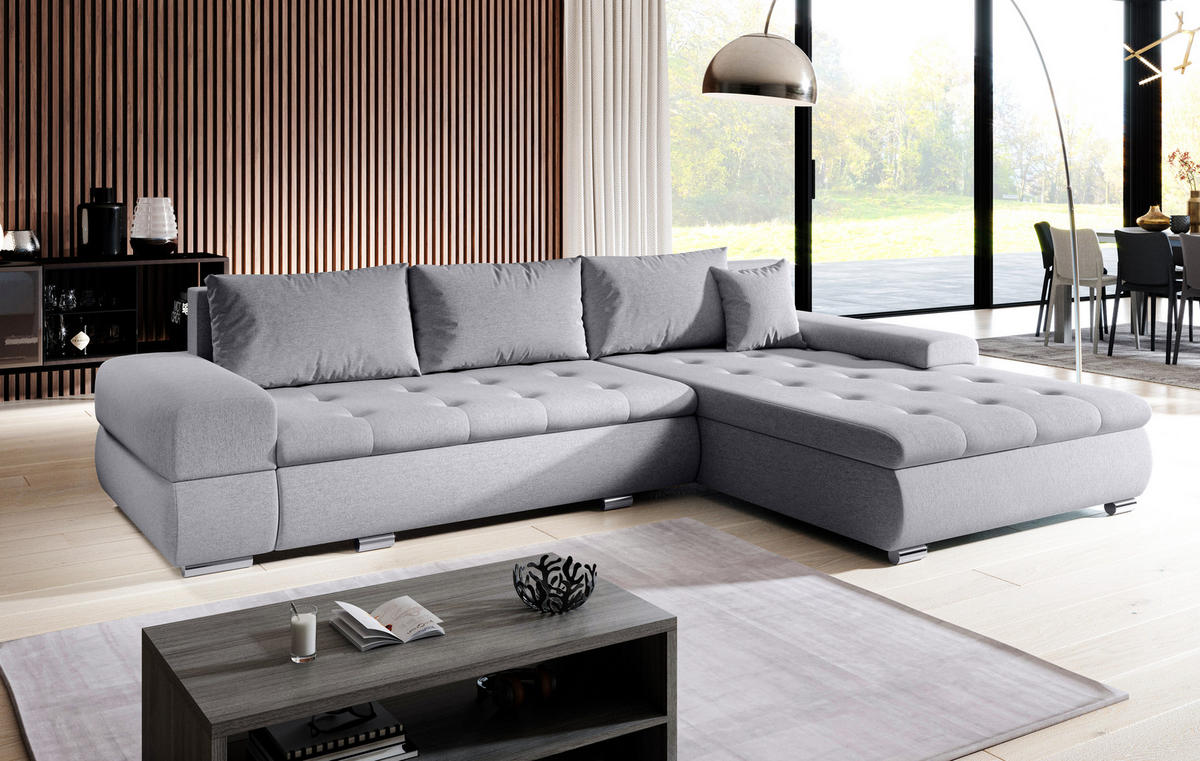 ECKSOFA L Form Sivaso Hellgrau 310/210/85 cm – mit Schlaffunktion und Bettkasten - Silberfarben/Hellgrau, Textil/Metall (310/210cm) - AX Living