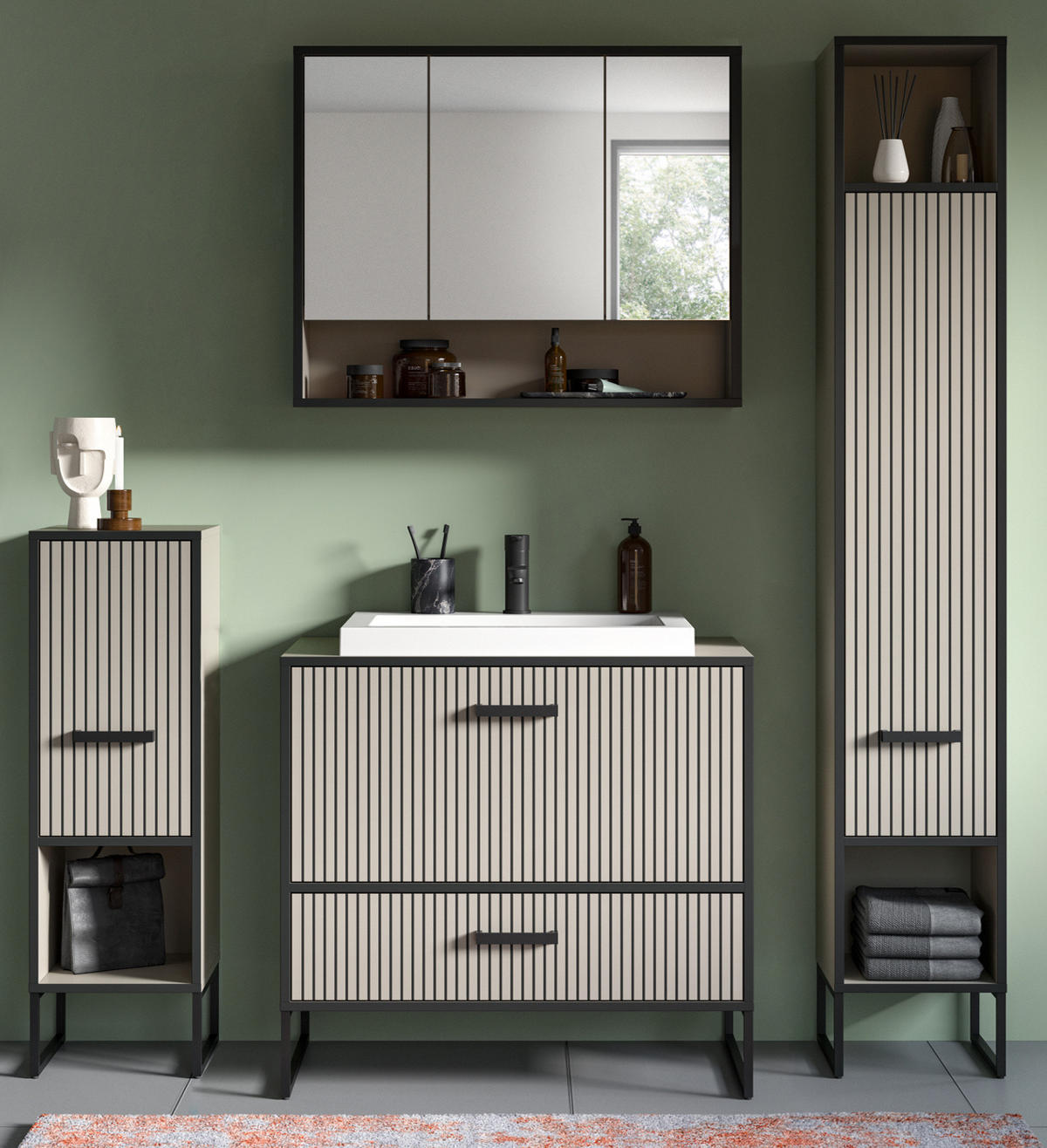 BADMÖBEL-SET schwarz, sand mit Waschbecken 170 cm, Kombination mit Soft-Close - Sandfarben/Schwarz, Glas/Keramik (170/192/48cm) - Inn.Furn
