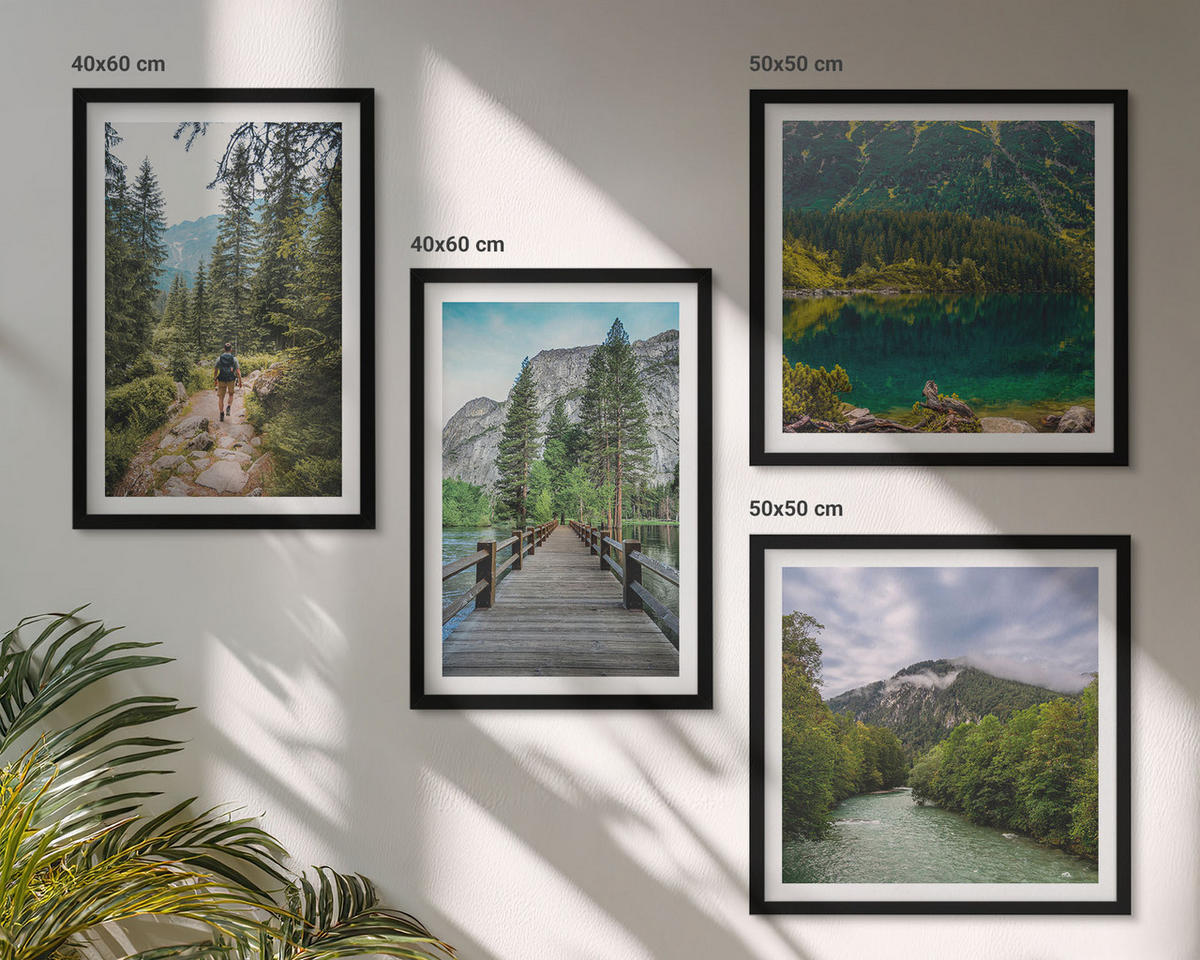 BILDER SET 4er Set - 50x50 cm & 40x60 cm Schwarzer Rahmen - Berge, Seen, Wälder, Wege - Schwarz, Kunststoff (50/50cm) - TULUP