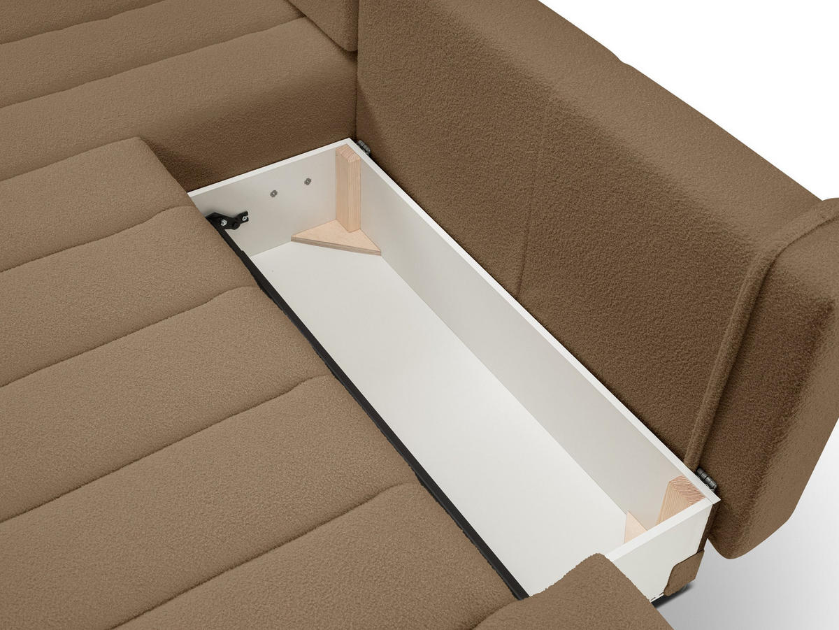 ECKSOFA GIOIA L-S Braun Boucle-Stoff mit Schlaffunktion - Braun, Holz (276/176cm) - MASSENO