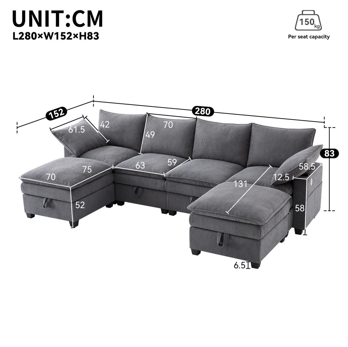 SOFA Modulares L-förmiges mit Fußhockern und USB-Anschlüssen Cord Grau 280/151/82 cm - Grau, Textil (280/151cm) - OKWISH