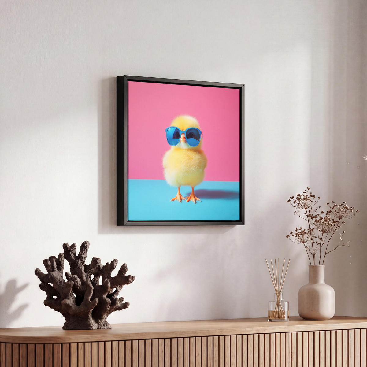 LEINWAND Bilder mit Rahmen - Chick - Sonnenbrille - Blau - 20x20 - Pink, Textil (20/20cm) - MuchoWow