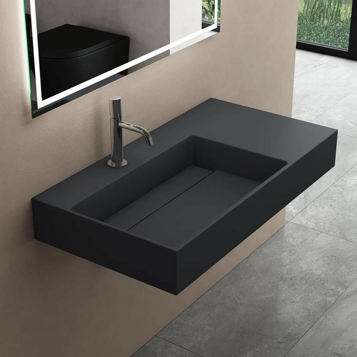 WASCHBECKEN Rea Konglomerat Archi 75 Cm Grey Matt - Grau, Keramik (43/14/75cm) - REA