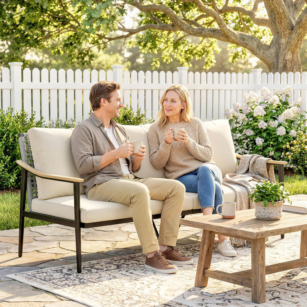 GARTENSOFA 3-Sitzer DE-06775 mit abnehmbaren Kissen Khaki - Taupe, Kunststoff/Metall (75/78/176cm) - ComfortXL