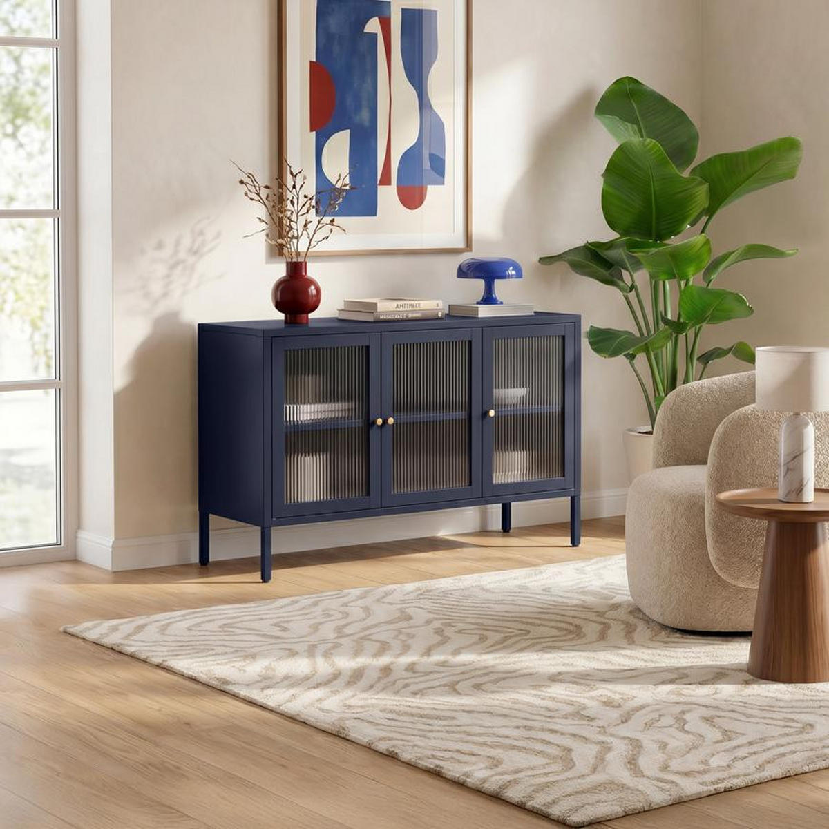 TV-LOWBOARD Industrielles aus nachtblauem Metall, 105 cm, 3 Türen aus gehärtetem Glas - CALEB - Blau, Metall (105/70/35cm) - Sicaan