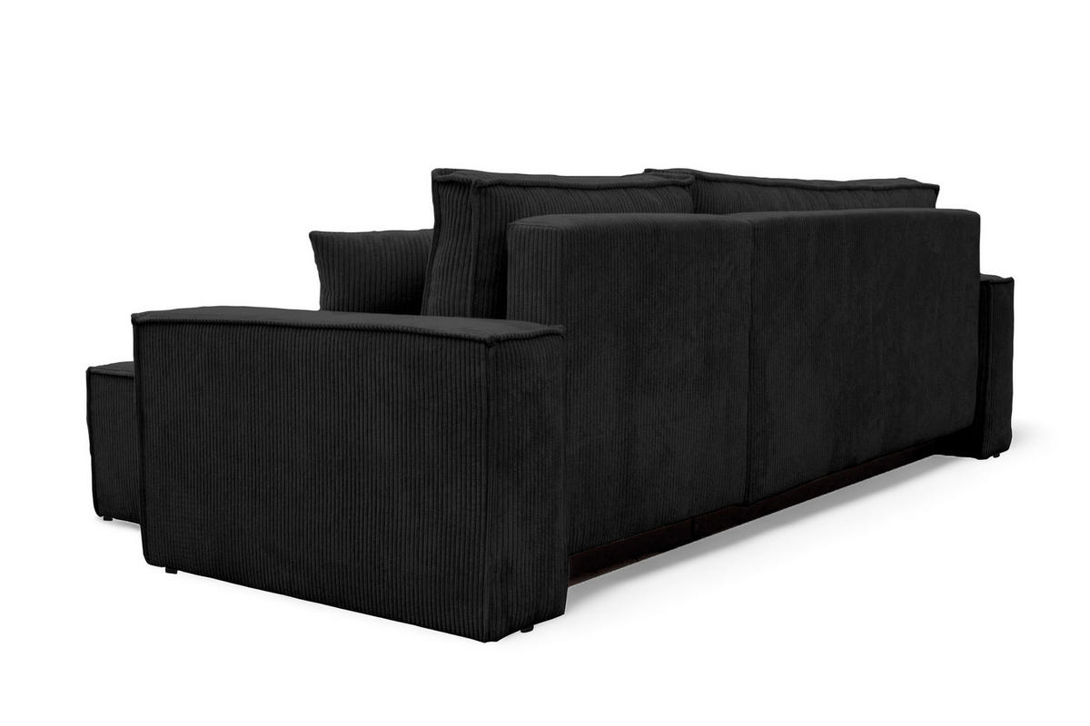 ECKSOFA Hugo L in L-Form mit Schlaffunktion und Bettkasten, Farbe: Schwarz, Cordstoff, Ottomane Unsiversal - Schwarz, Textil (244/145cm) - VENASI MÖBEL