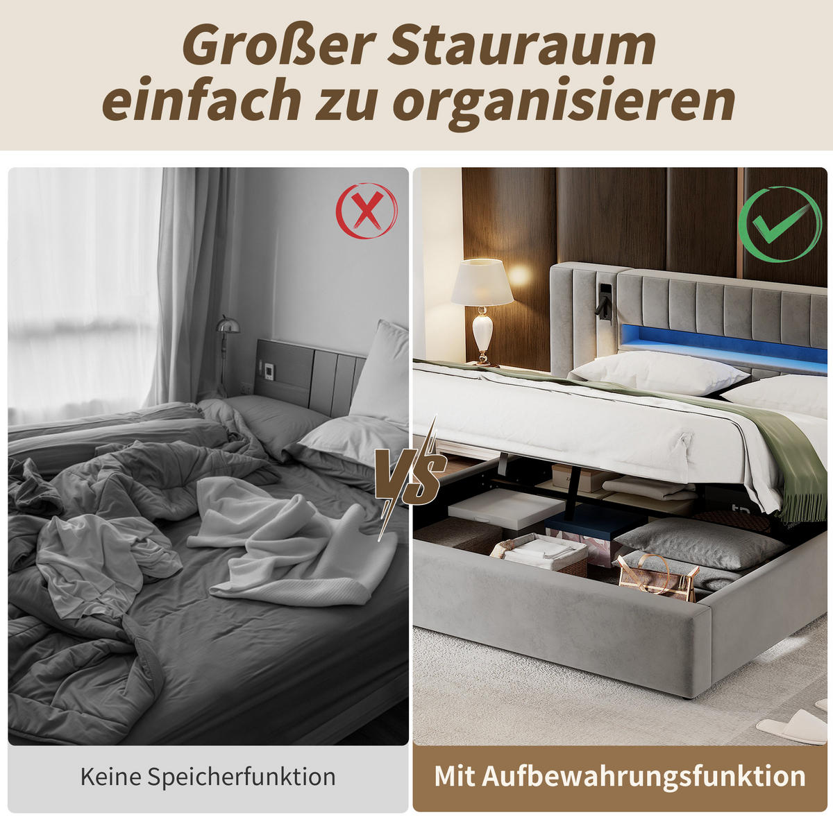 POLSTERBETT 180/200 cm Grau mit Stauraum mit LED-Beleuchtung und USB- und Type-C-Anschlüssen aus Samt - Grau, Textil (180/200cm) - OKWISH