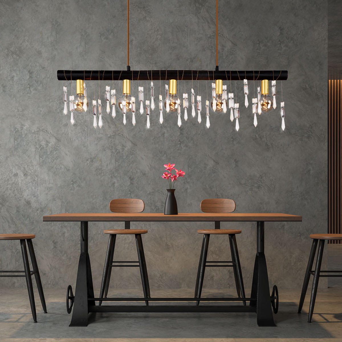 HÄNGELEUCHTE Glaskristalle Schwarz Textilkabel - Schwarz, Holz (90/6/120cm) - Globo Lighting