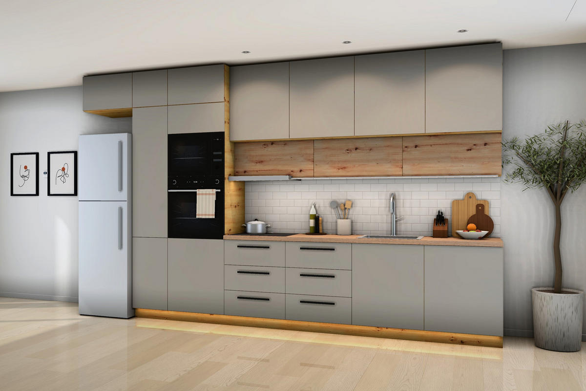 KÜCHENZEILE Nexa Beige & Woodline – 400 cm – K18-G400 - Hellbraun/Beige, Holzwerkstoff (400/248/58cm) - ROYAL24_MARKT