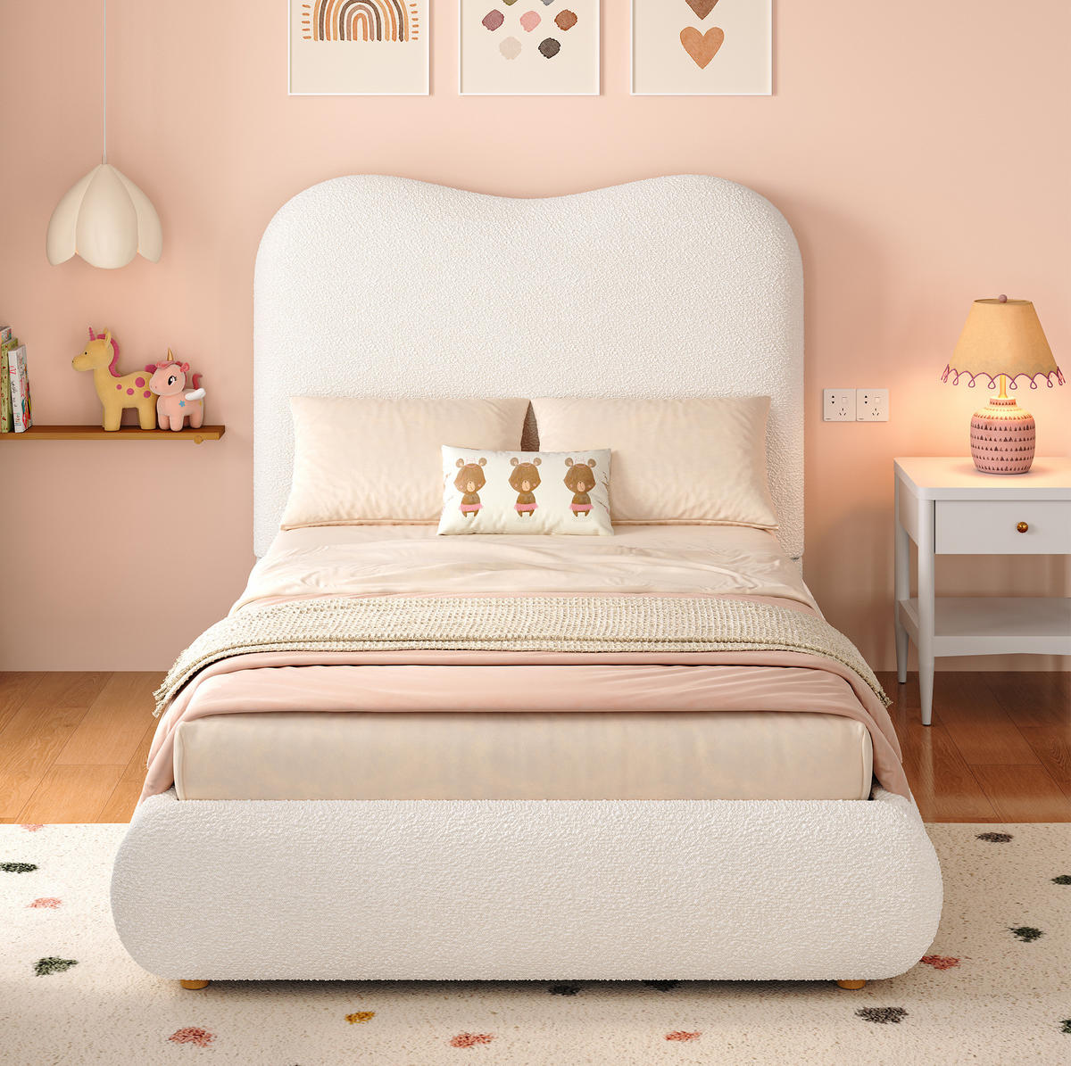 KINDERBETT 90/200 cm mit hydraulischem Bettkasten, gepolstertem Kopfteil und Bouclé-Bezug, Beige - Beige, Textil (90/200cm) - Redom
